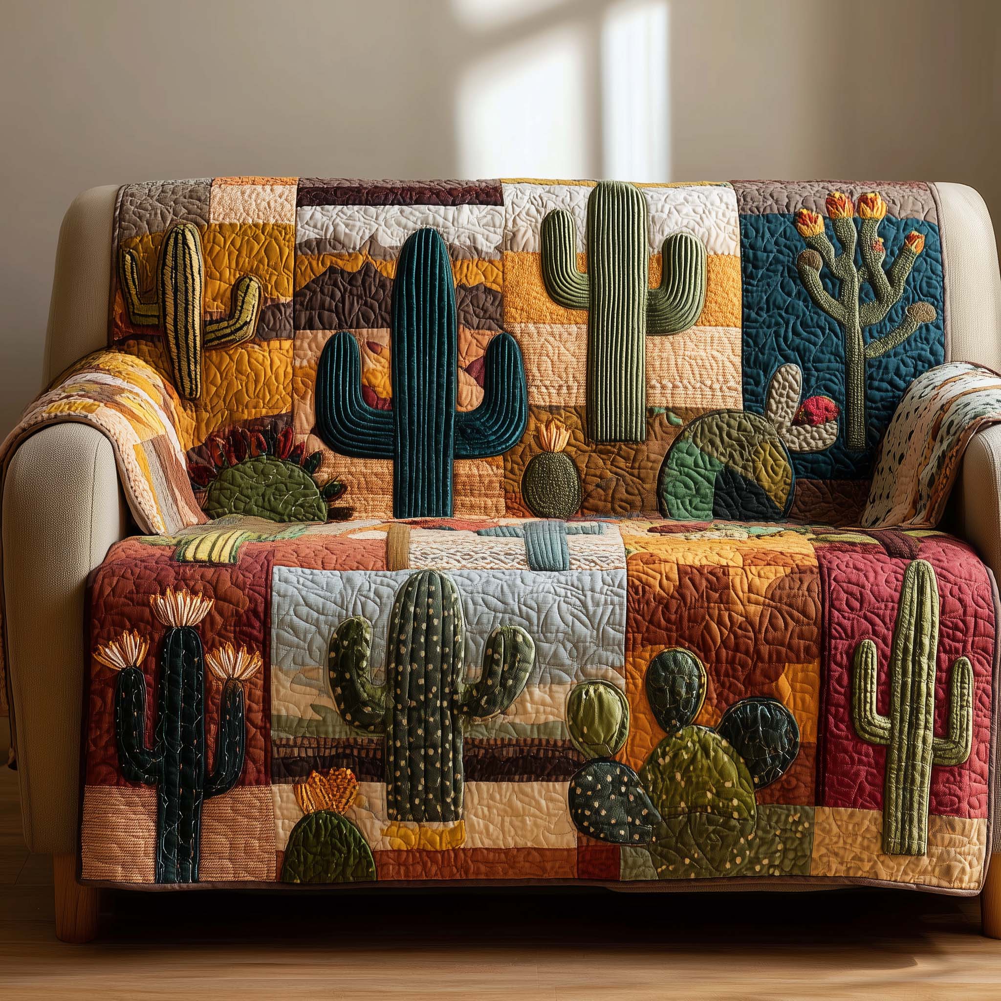 Patchy Cactus Quilted Sofa Cover Southwest Home Couch Cover Room Gift For Her - Tradiviet