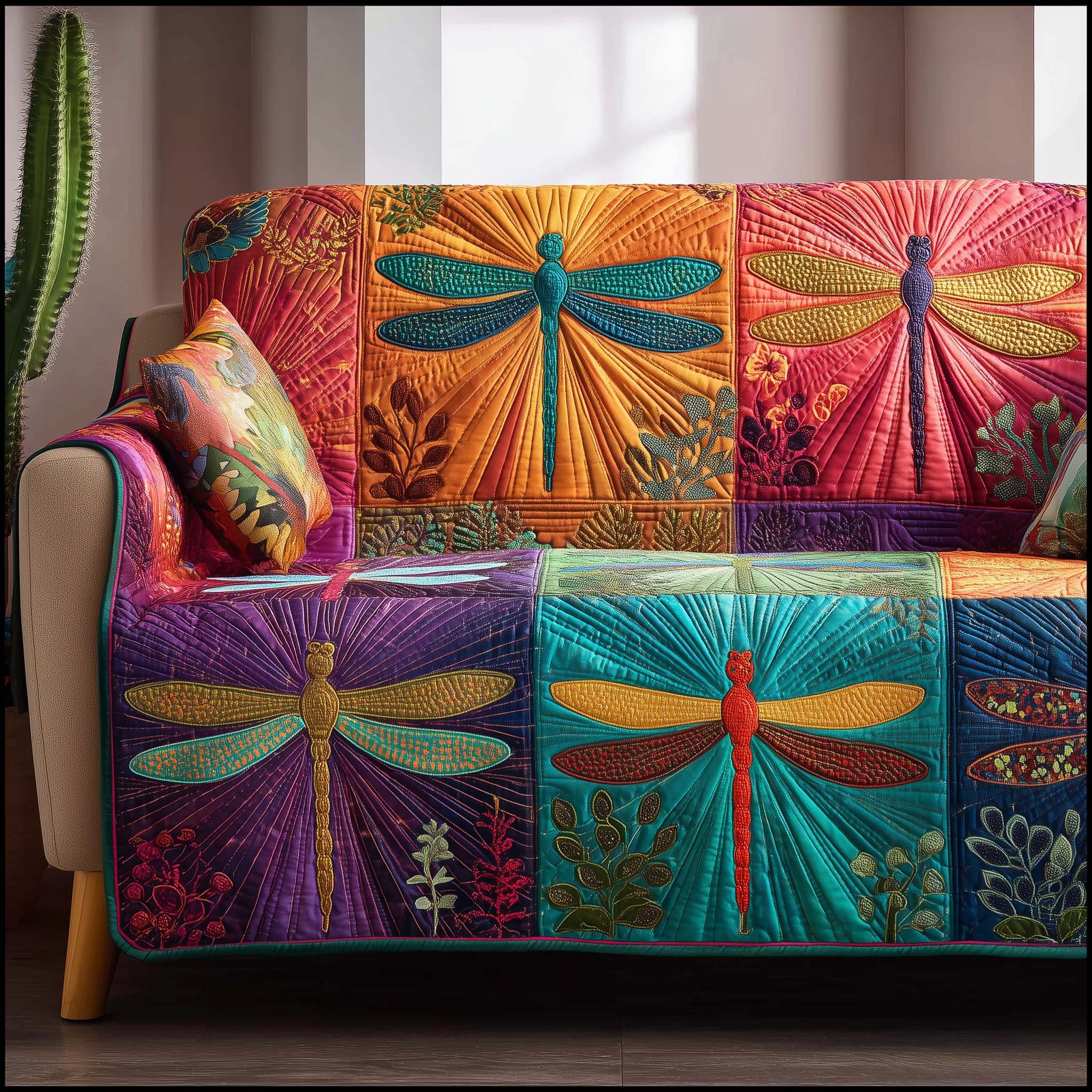 Patchy Dragonfly Quilted Sofa Cover Butterfly Home Couch Cover Cozy Housewarming Gift Ideas - Tradiviet