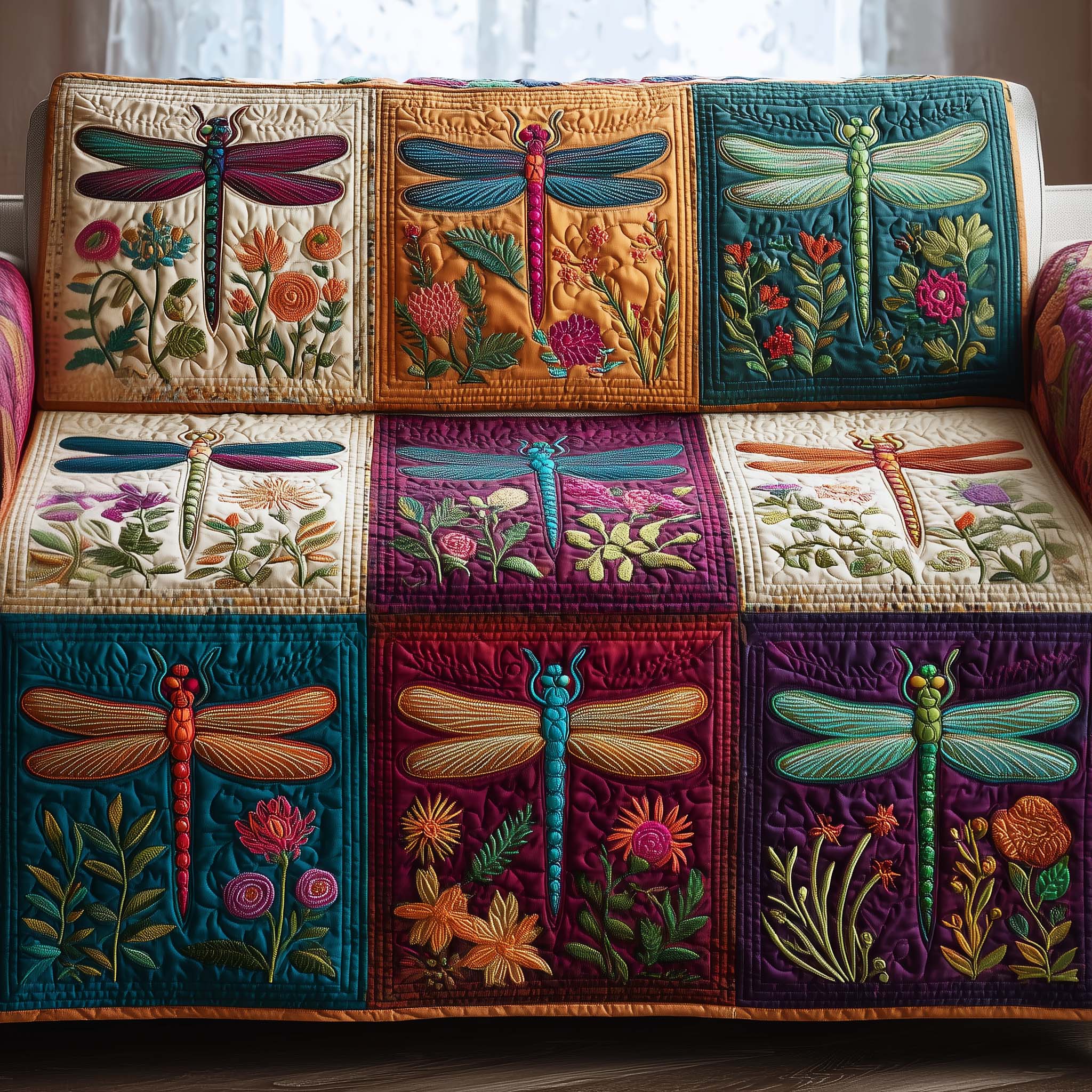 Patchy Dragonfly Quilted Sofa Cover Butterfly Home Couch Cover Gift For New Home - Tradiviet