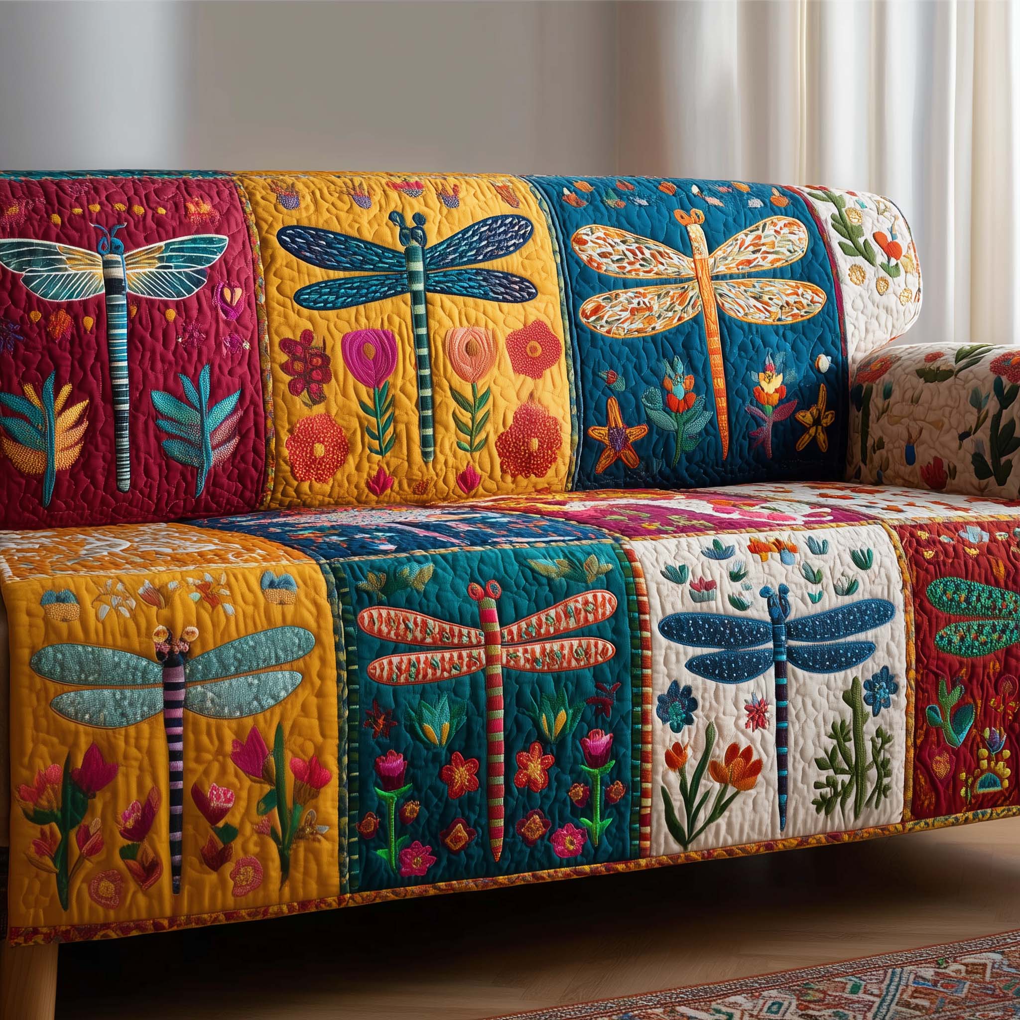 Patchy Dragonfly Quilted Sofa Cover Butterfly Home Couch Cover Gifts For New Homes - Tradiviet