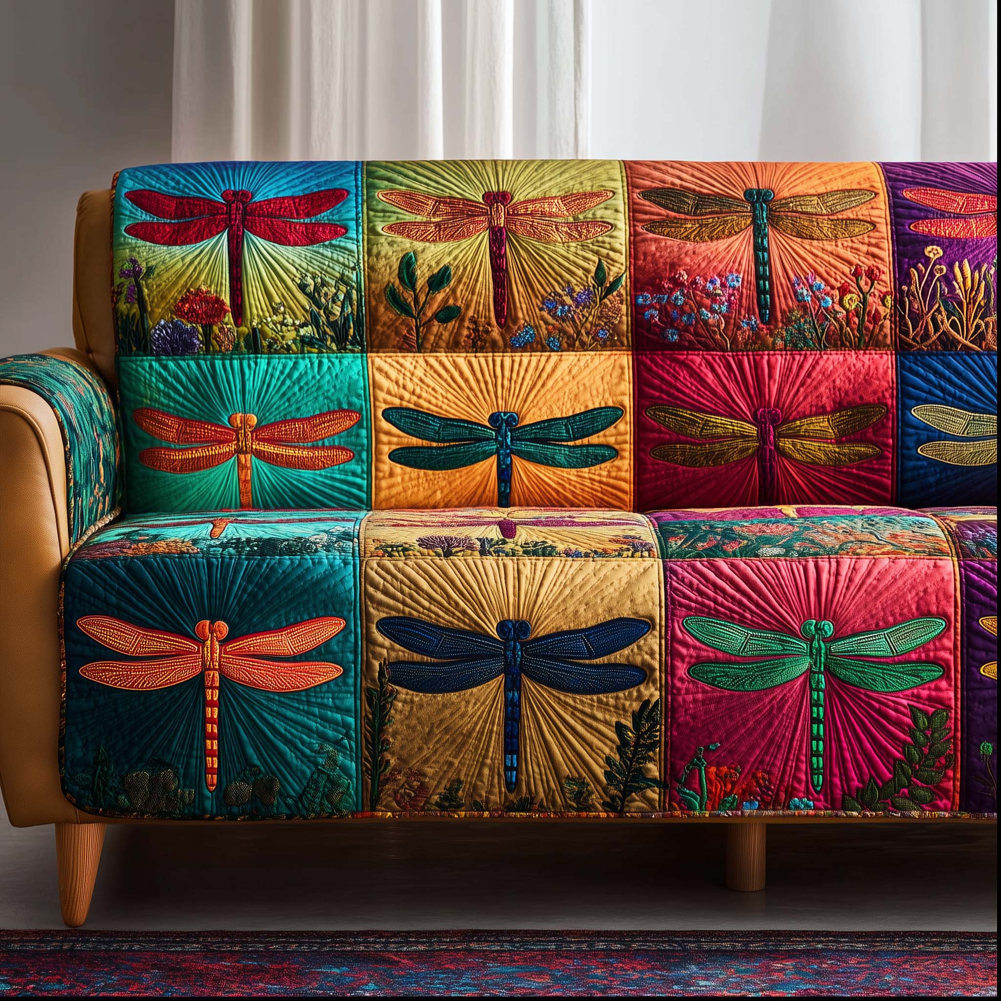 Patchy Dragonfly Quilted Sofa Cover Butterfly Home Couch Cover New Home Gift Ideas - Tradiviet