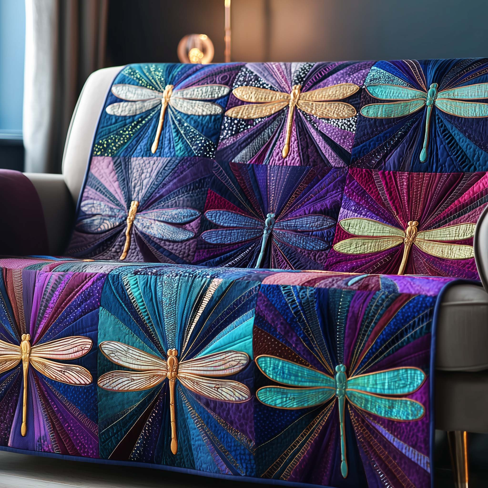 Patchy Dragonfly Quilted Sofa Cover Butterfly Home Couch Cover Present For House Lovers - Tradiviet