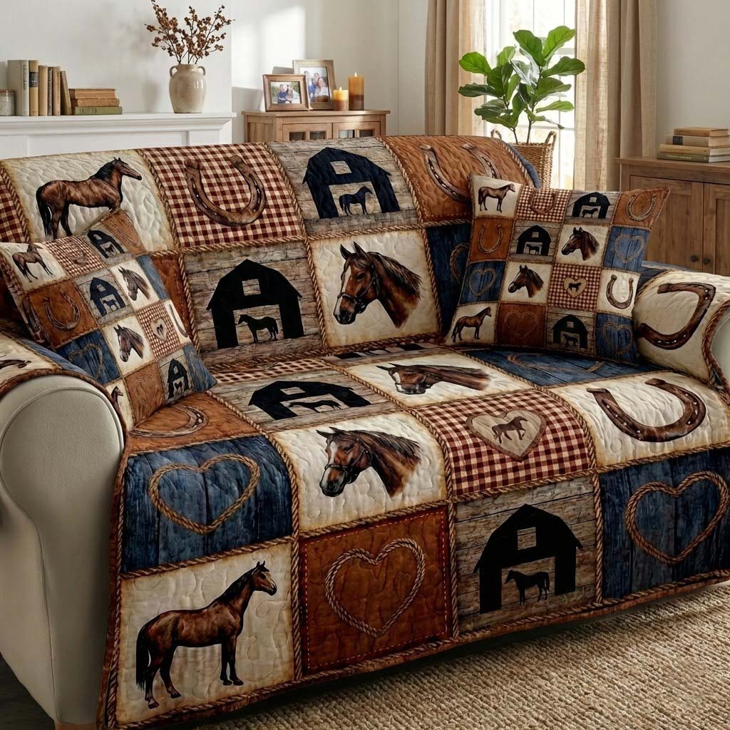 Patchy Horse Quilted Sofa Cover Western Home Gift For Home Decor - Tradiviet