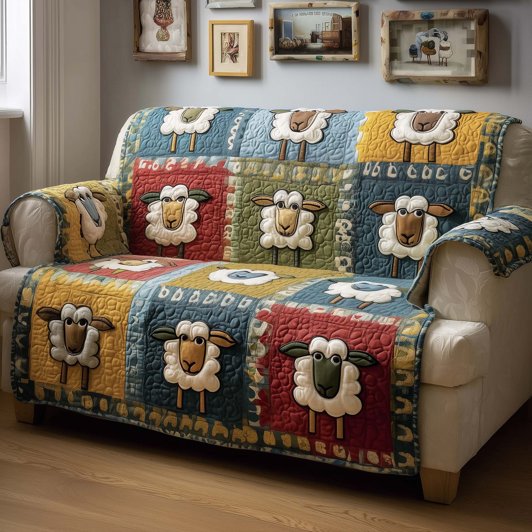 Patchy Sheep Quilted Sofa Cover Farmhouse Home Couch Cover Gift For New Homeowners - Tradiviet