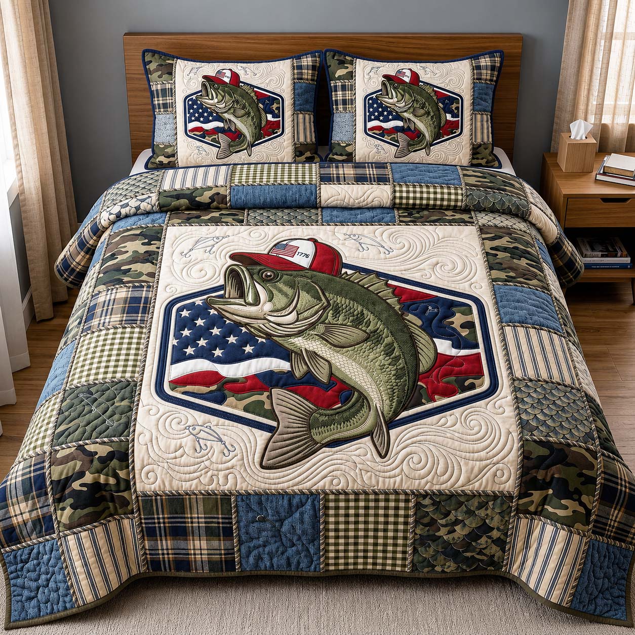 Patriot Bass Quilted Bedding Set Patriot Bass Trail Gift For Patriot Bass - Tradiviet