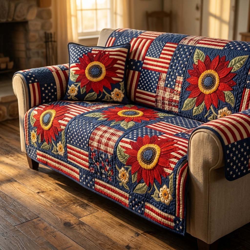 Patriot Bloom Quilted Sofa Cover Boho Room Decor Great Housewarming Gift Ideas - Tradiviet