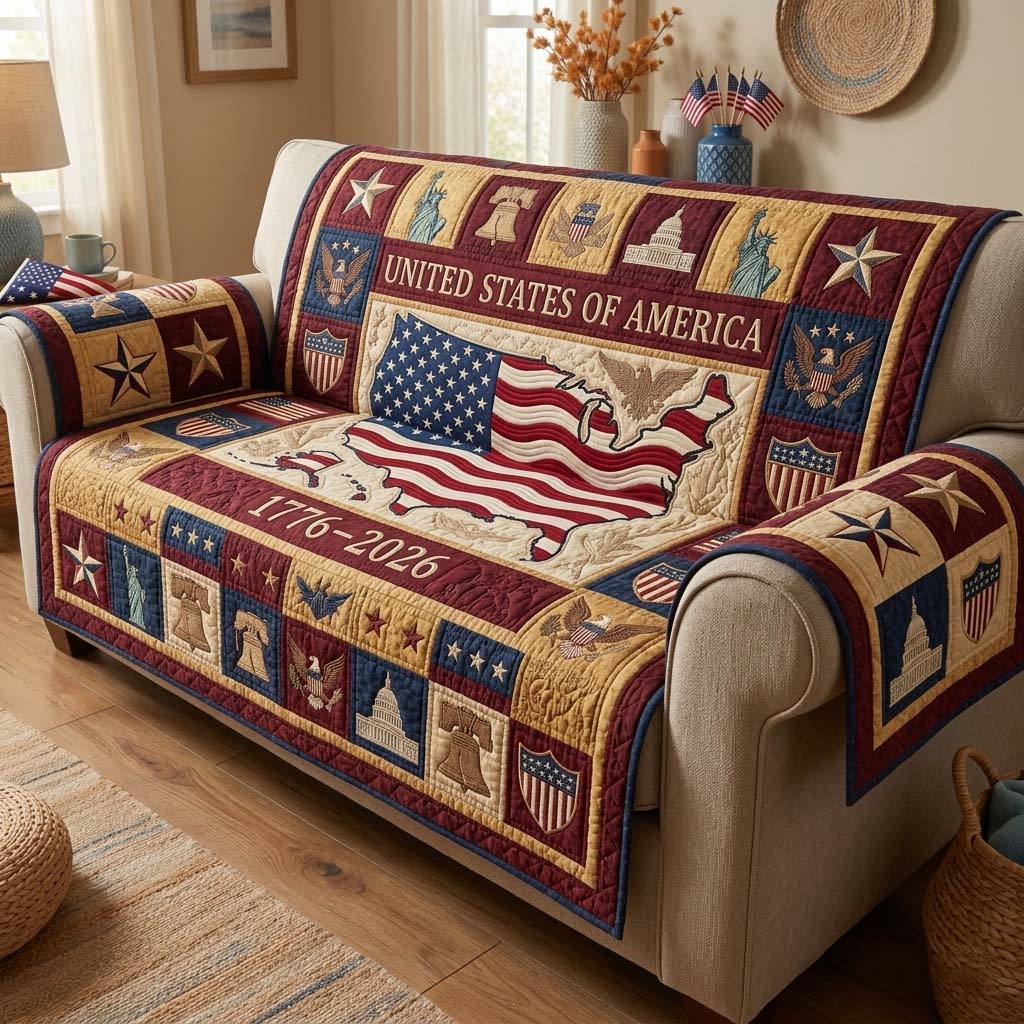 Patriot Map Quilted Sofa Cover Patriotic Home Couch Cover Room Decor Gift Ideas - Tradiviet