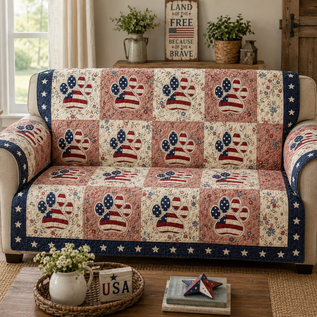 Patriot Paws Quilted Sofa Cover Interior Room Decor Gifts For Home Lovers - Tradiviet