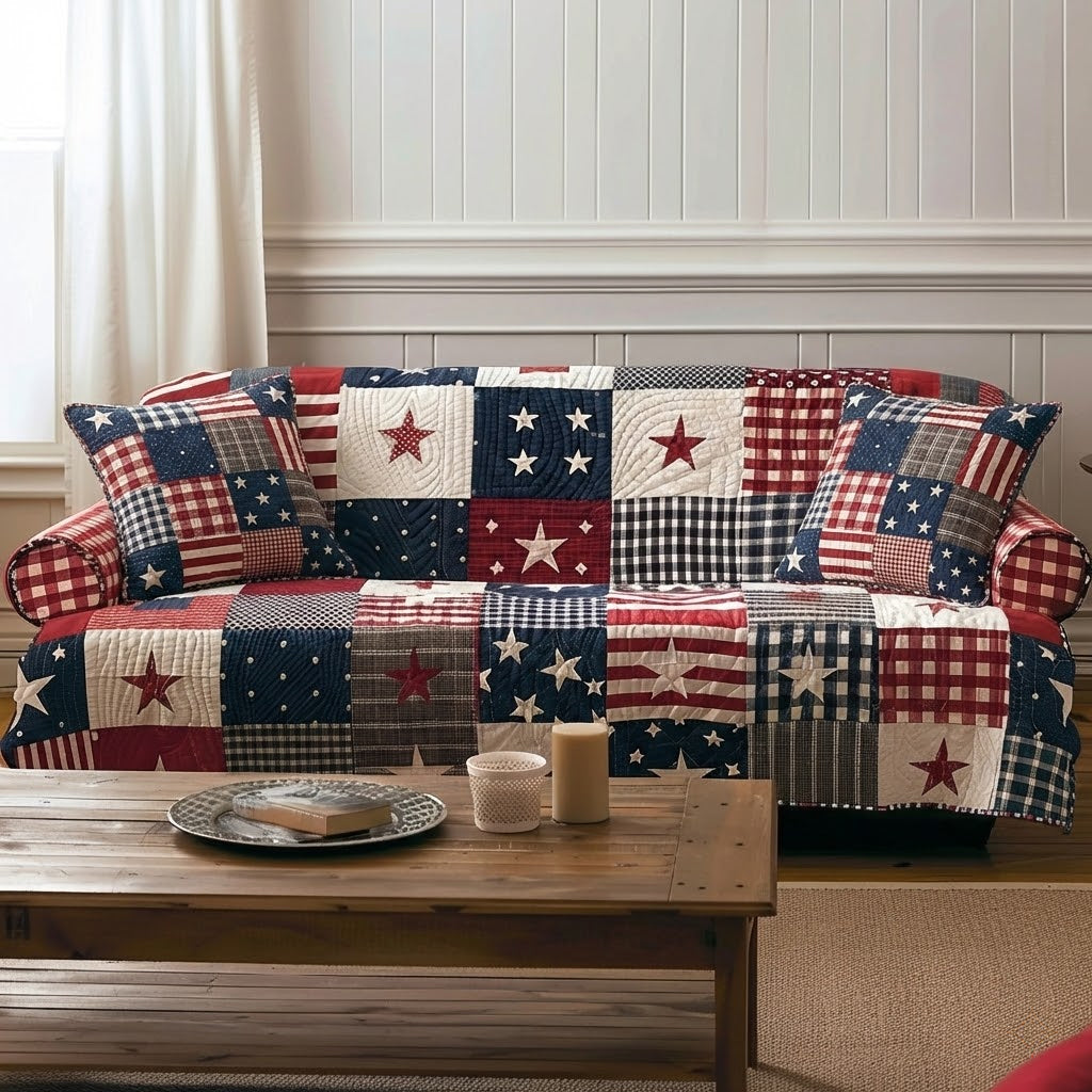 Patriot Plaid Quilted Sofa Cover Cozy Home Room Decor Present For New Home - Tradiviet
