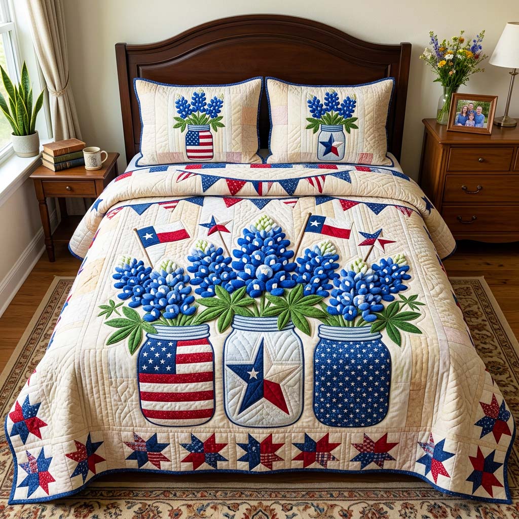Patriotic Bluebonnet Quilted Bedding Set Patriotic Bluebonnet Theme Gift For Patriotic Bluebonnet - Tradiviet