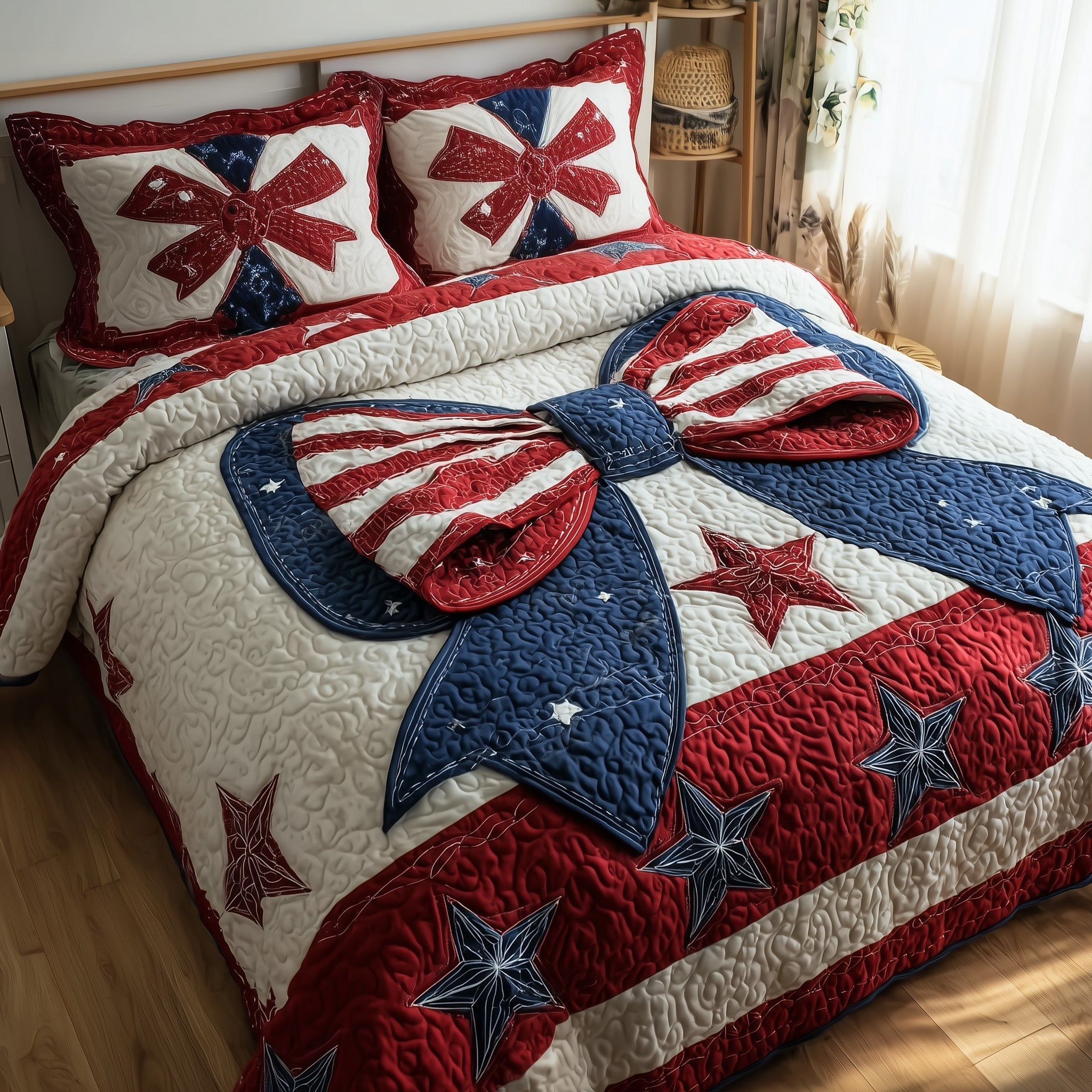 Patriotic Bow Quilted Bedding Set Patriotic Bow Living Gift For Patriotic Bow - Tradiviet