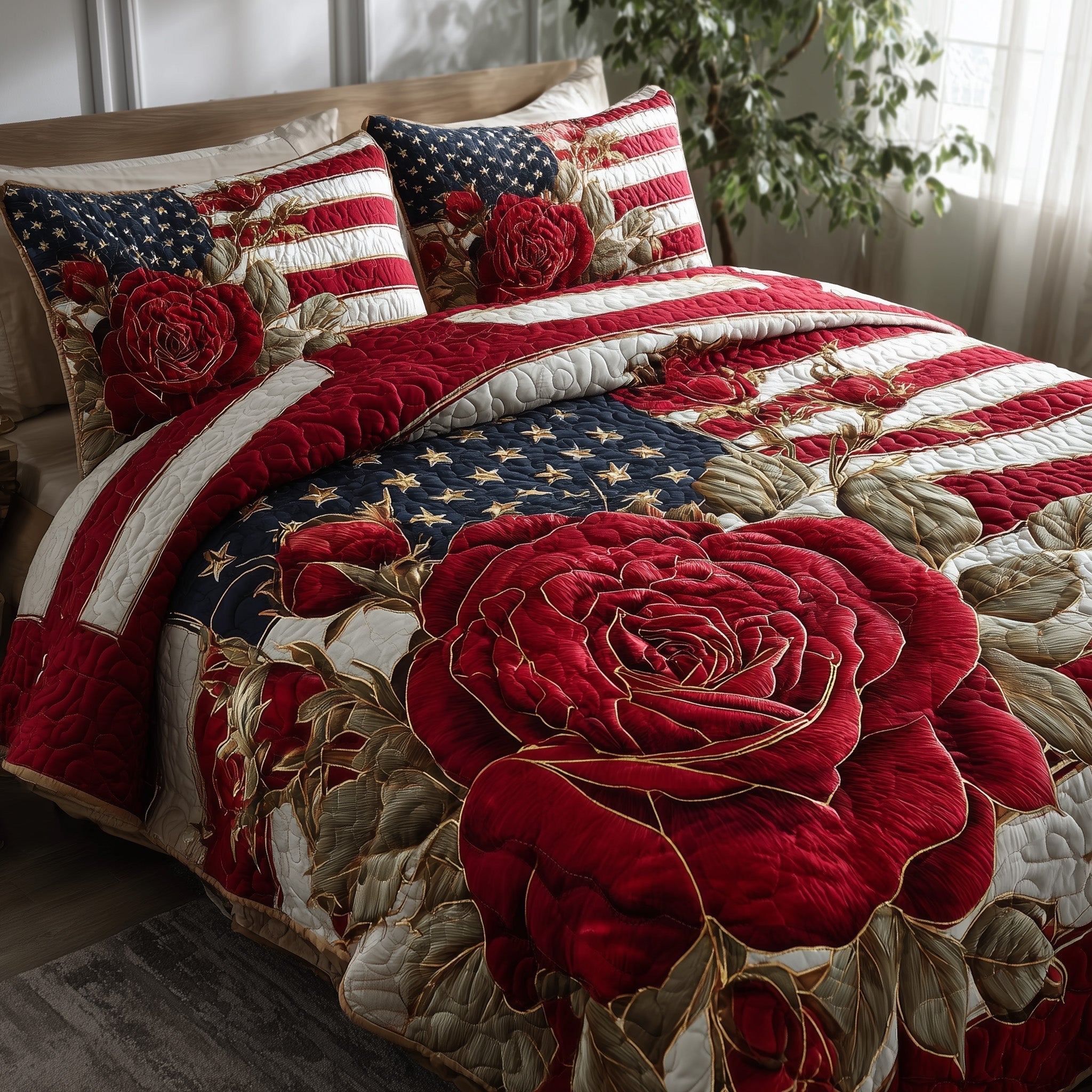 Patriotic Rose Quilted Bedding Set Patriotic Rose Coverlet Gift For Patriotic Rose - Tradiviet