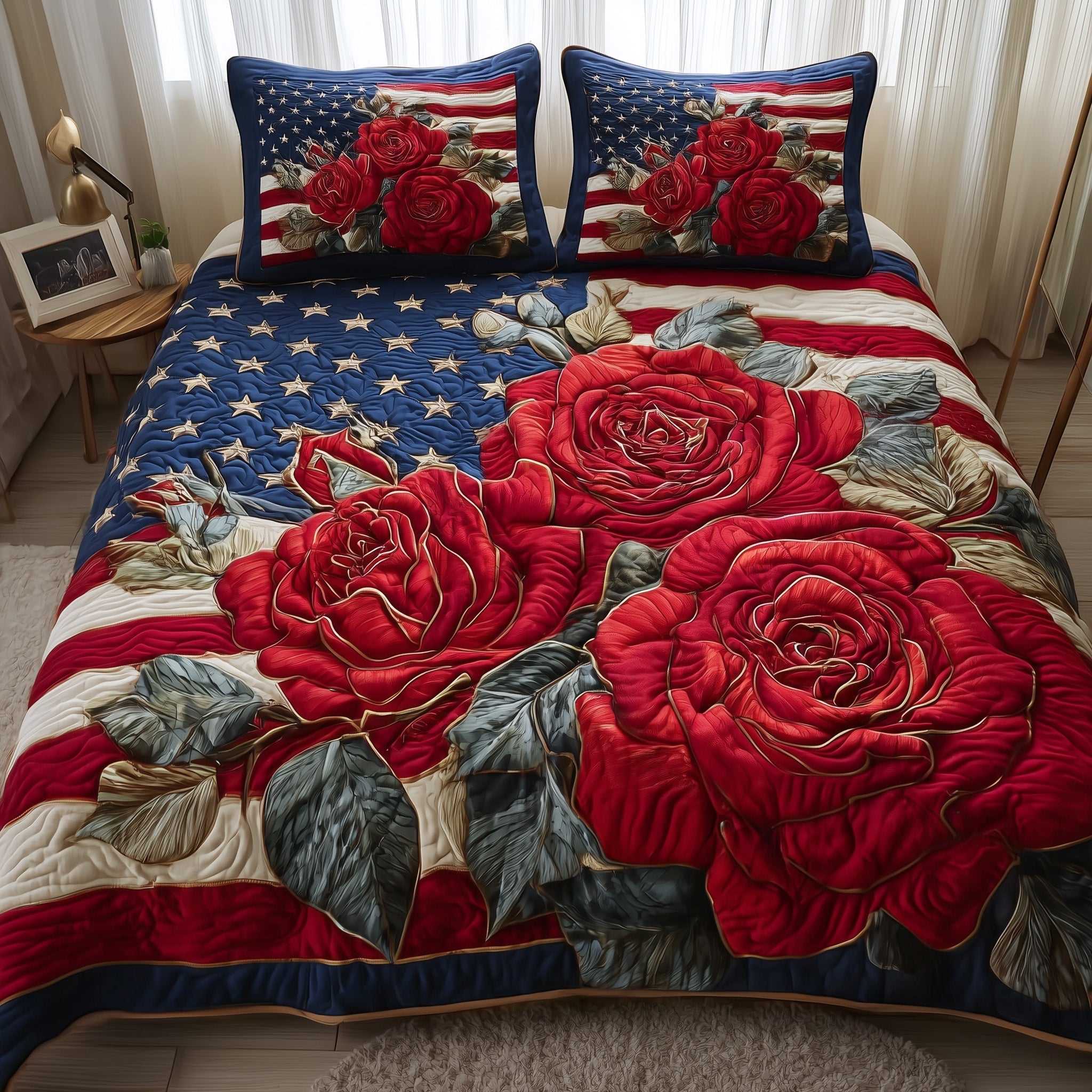 Patriotic Rose Quilted Bedding Set Patriotic Rose Festivity Gift For Patriotic - Tradiviet