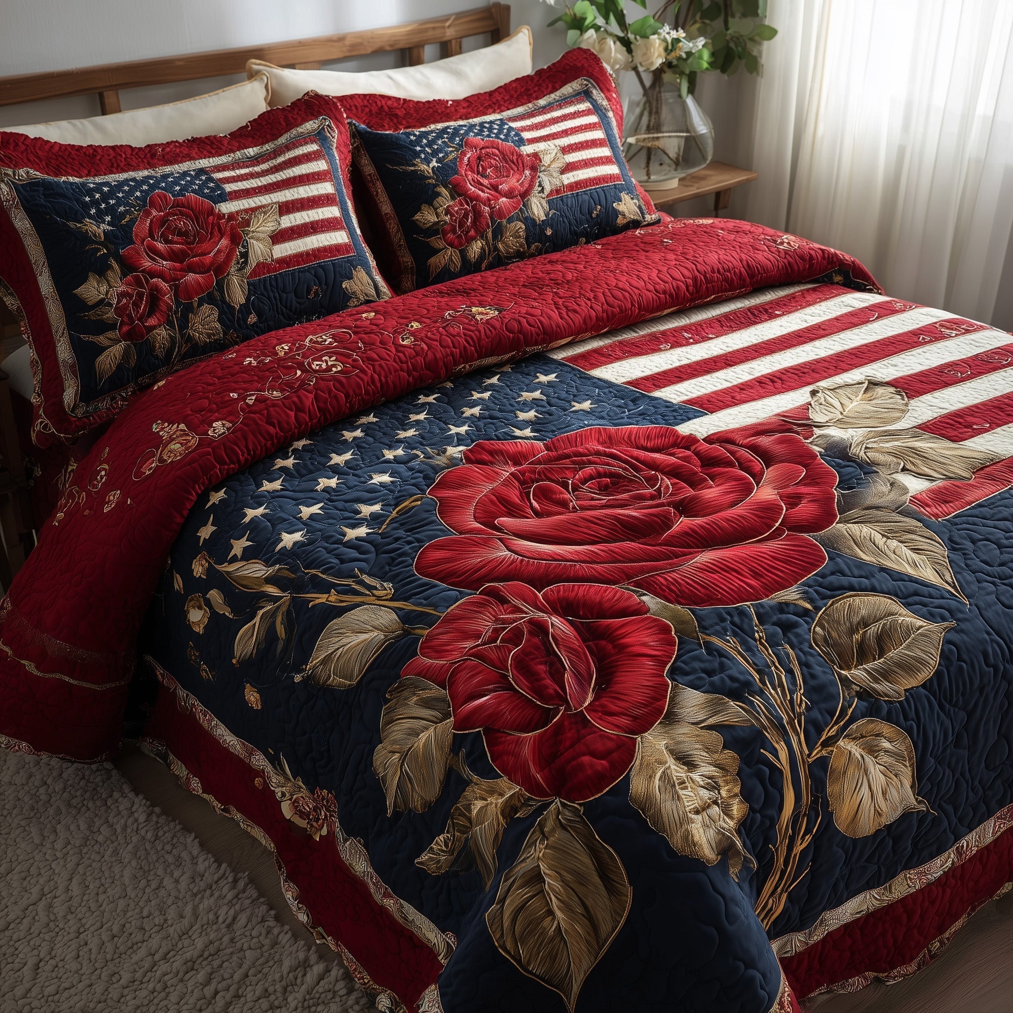 Patriotic Rose Quilted Bedding Set Patriotic Rose Forest Gift For Patriotic Lovers - Tradiviet