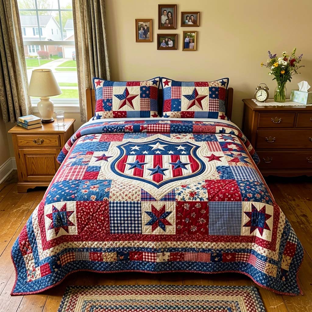 Patriotic Shield Star Quilted Bedding Set Patriotic Shield Showpiece Gift For Patriotic Shield - Tradiviet