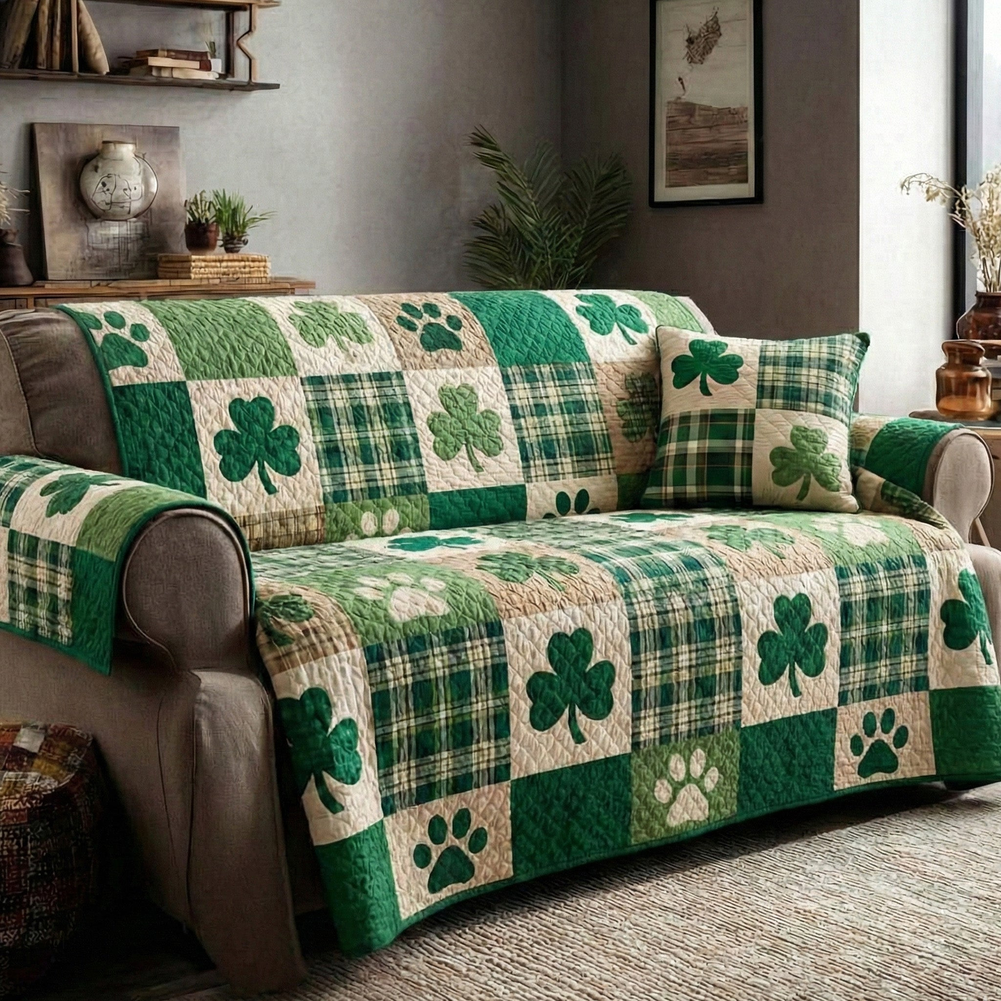 Paw and Clover Quilted Sofa Cover Cool Couch Slipcovers Great Gift For Dog Owners - Tradiviet