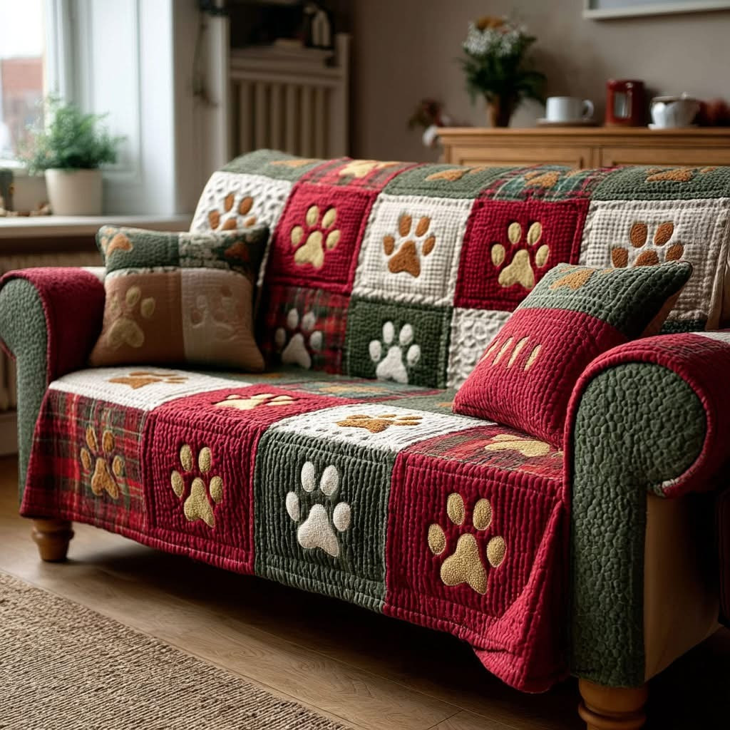 Paw Holiday Patchwork Quilted Sofa Cover Christmas Couch Cover Gifts For Dog Lovers - Tradiviet