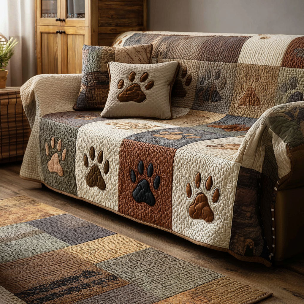 Paw Journey Quilted Sofa Cover Unique Room Decor Gift For Living Room - Tradiviet