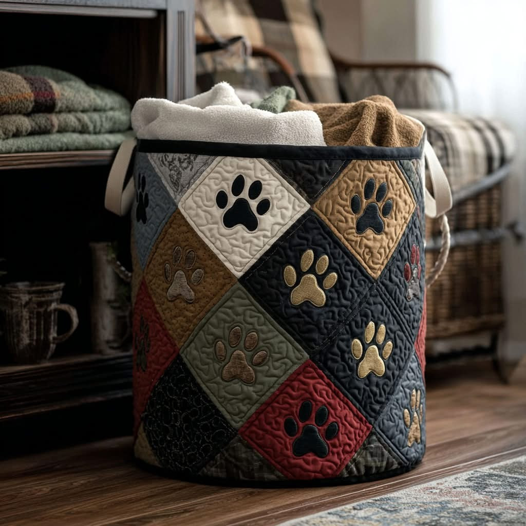 Pawprints Patchwork Quilted Laundry Basket Storage Basket Best Gifts For Dog Lovers - Tradiviet