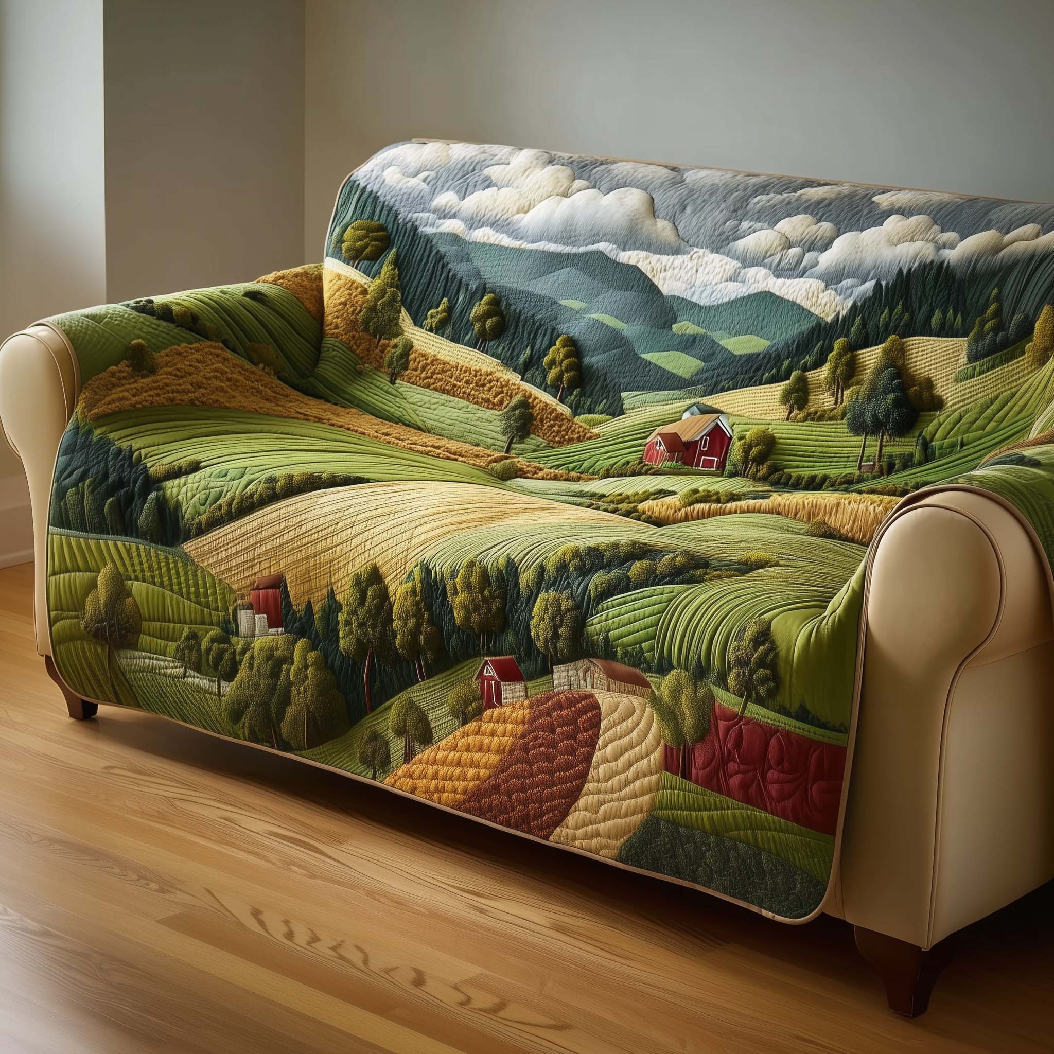 Peaceful Farmland Quilted Sofa Cover Cabin Home Couch Cover Gift For House Lover - Tradiviet