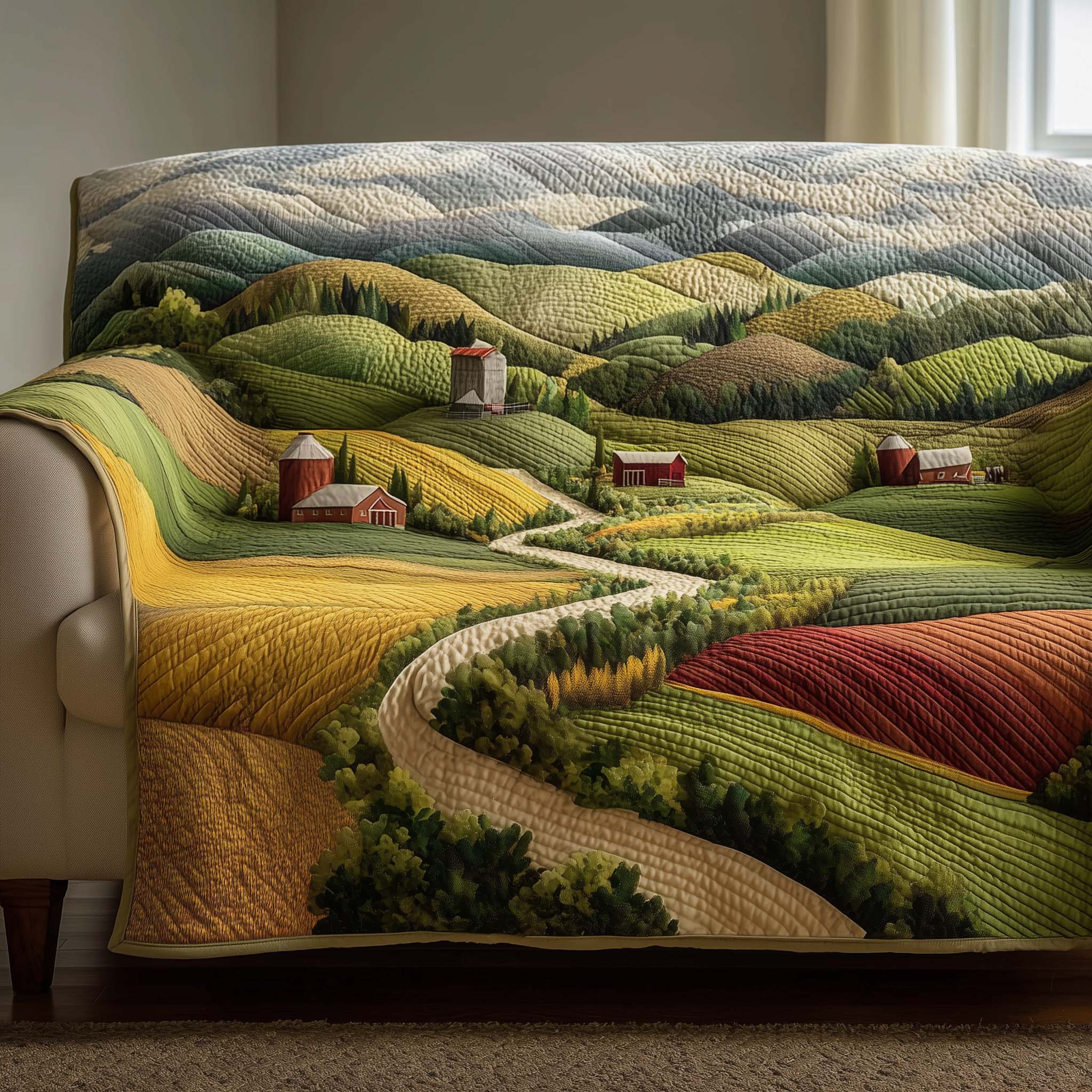 Peaceful Farmland Quilted Sofa Cover Cabin Home Couch Cover Gifts For Home Lovers - Tradiviet