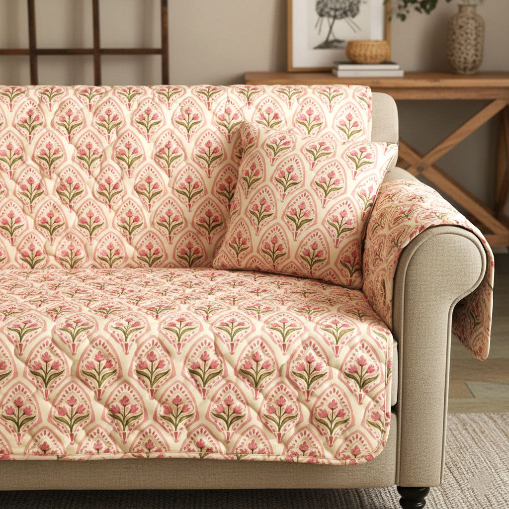 Peach Bloom Quilted Sofa Cover Indoor Decor Online Mother' Day Gifts - Tradiviet