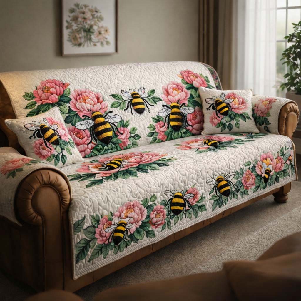 Peony Honey Bees Quilted Sofa Cover Garden Home Couch Cover Cozy Home Decor Gifts - Tradiviet