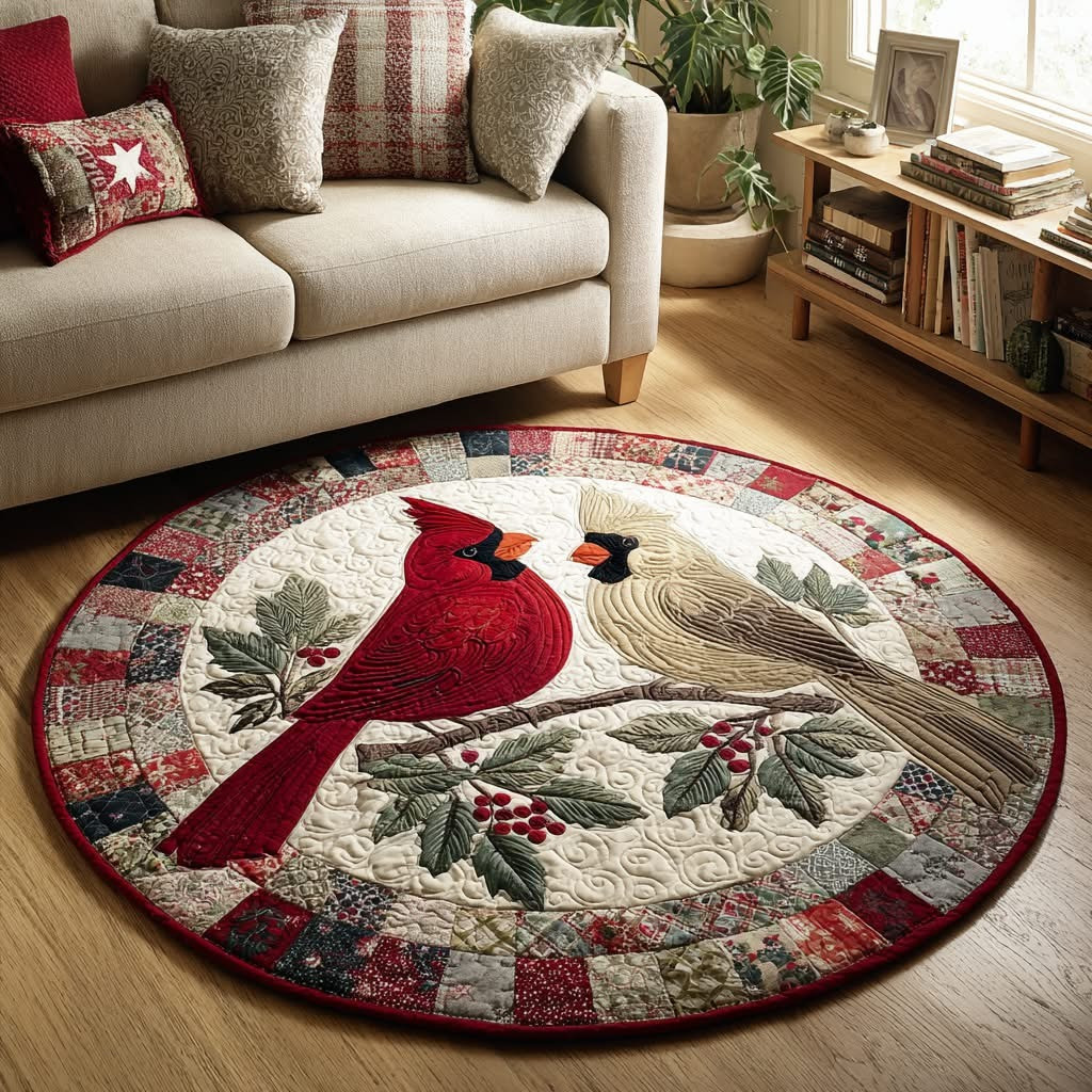Perching Red Cardinal Christmas Quilted Round Mat Circle Rug Xmas Holiday Decorations Gifts - Tradiviet