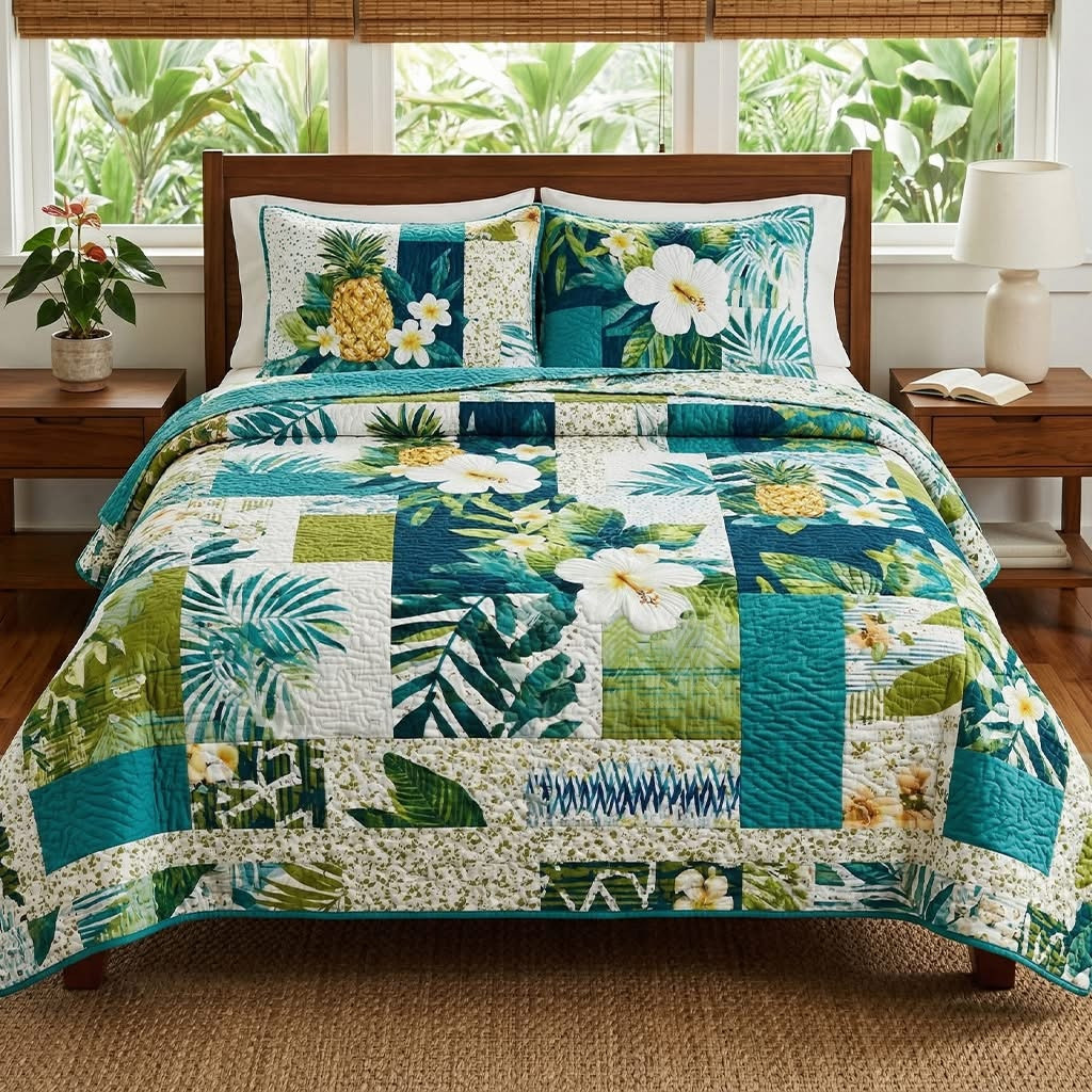Pineapple Isle Quilted Bedding Set Floral Bedspread Set Bedroom Decor Merch Gift For Her - Tradiviet