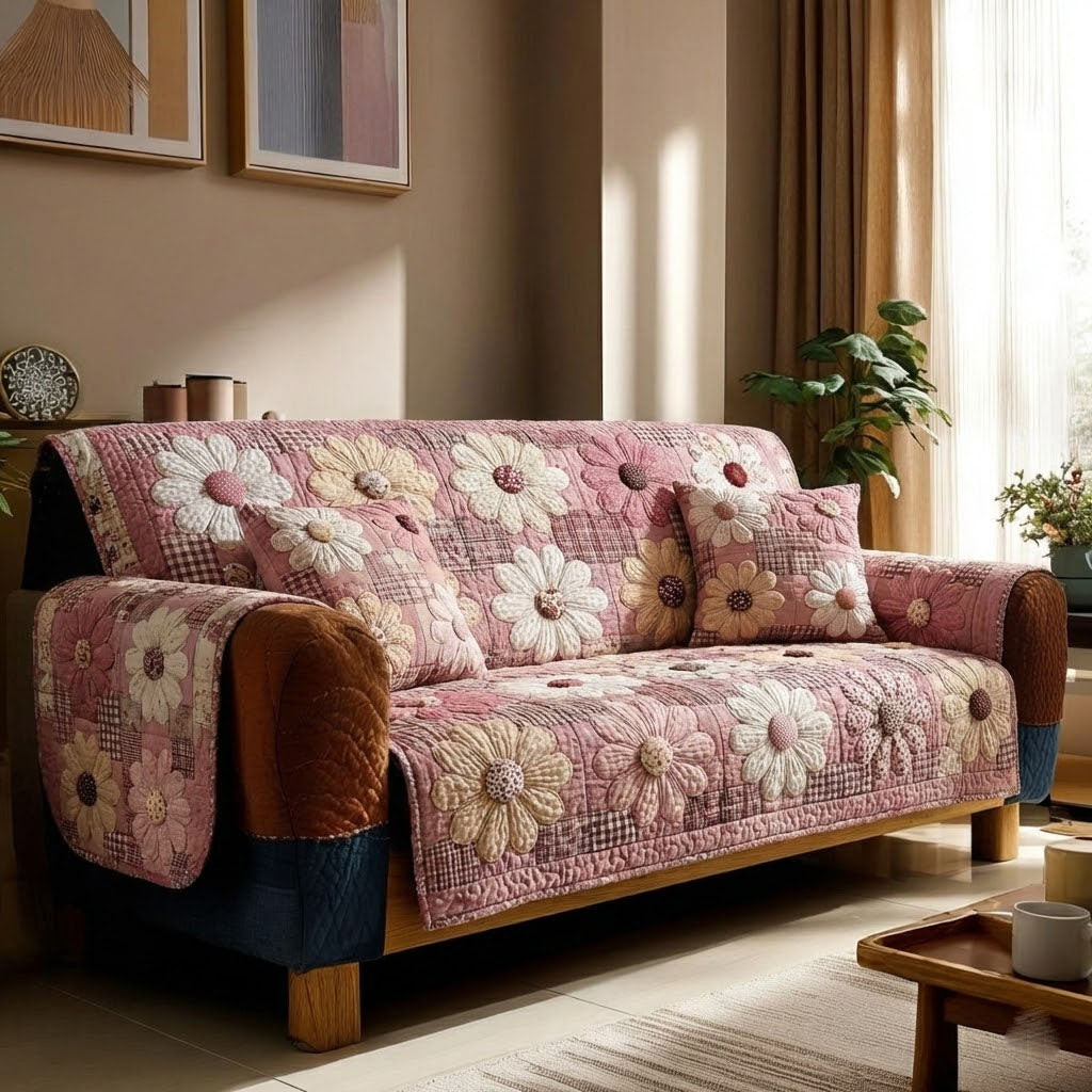 Pink Daisies Quilted Sofa Cover Best Slip Covers For Furniture Mothers Birthday Gifts - Tradiviet