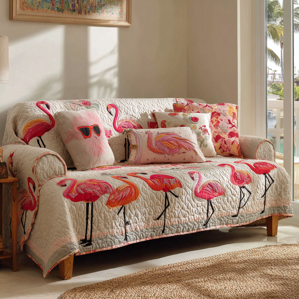 Pink Lagoon Quilted Sofa Cover Best Couch Slipcovers Flamingo Gifts For Men Women - Tradiviet
