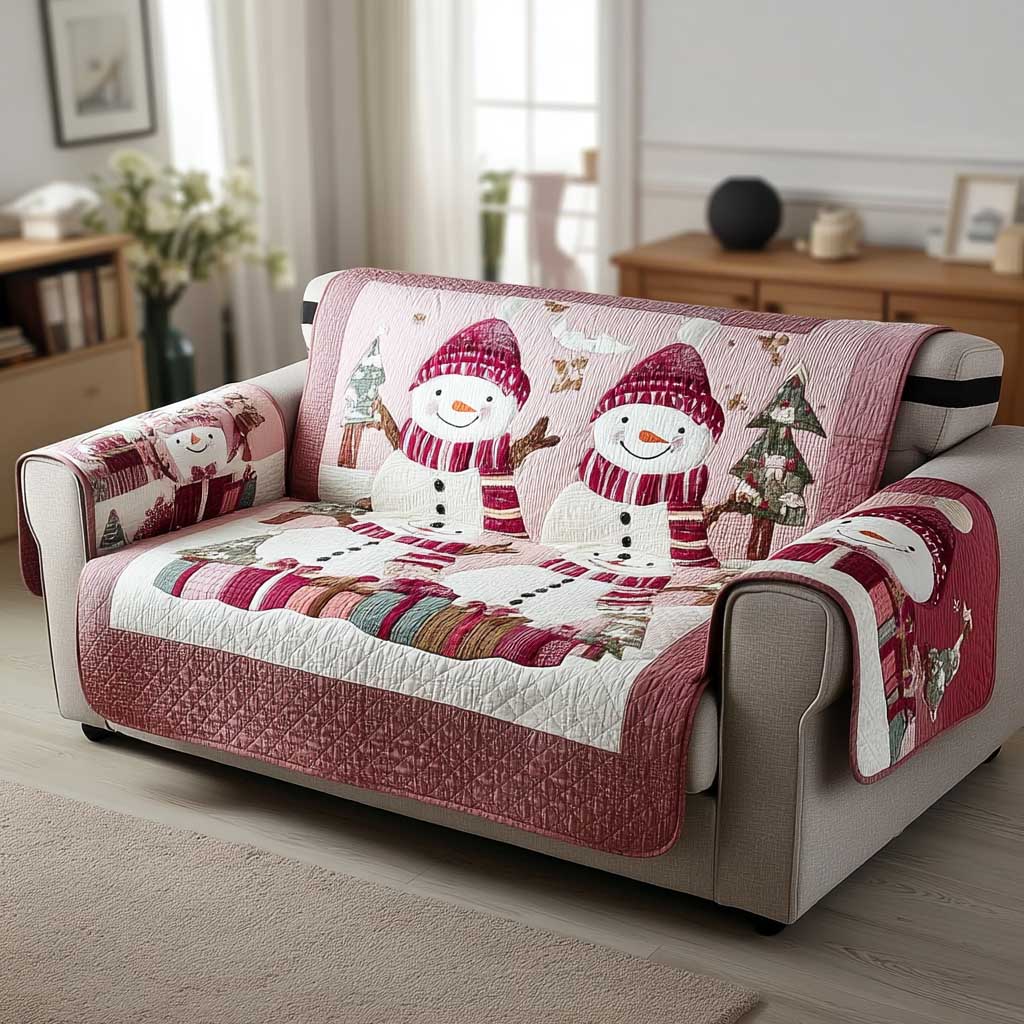 Pink Winter Cheer Snowman Quilted Sofa Cover Simple Home Room Decor Gift For Living Room - Tradiviet