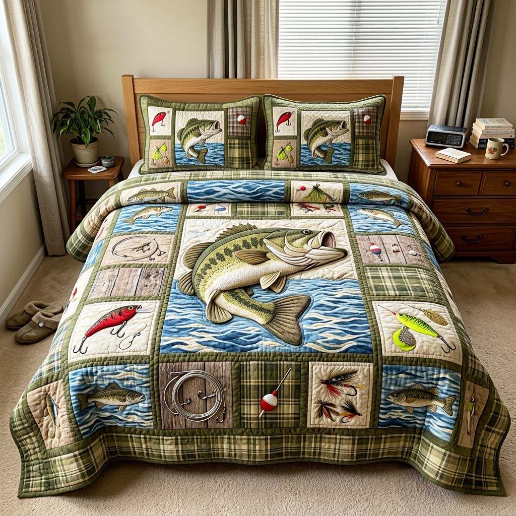Plaid Bass Fishing Quilted Bedding Set Plaid Bass Tribute Gift For Plaid Bass - Tradiviet