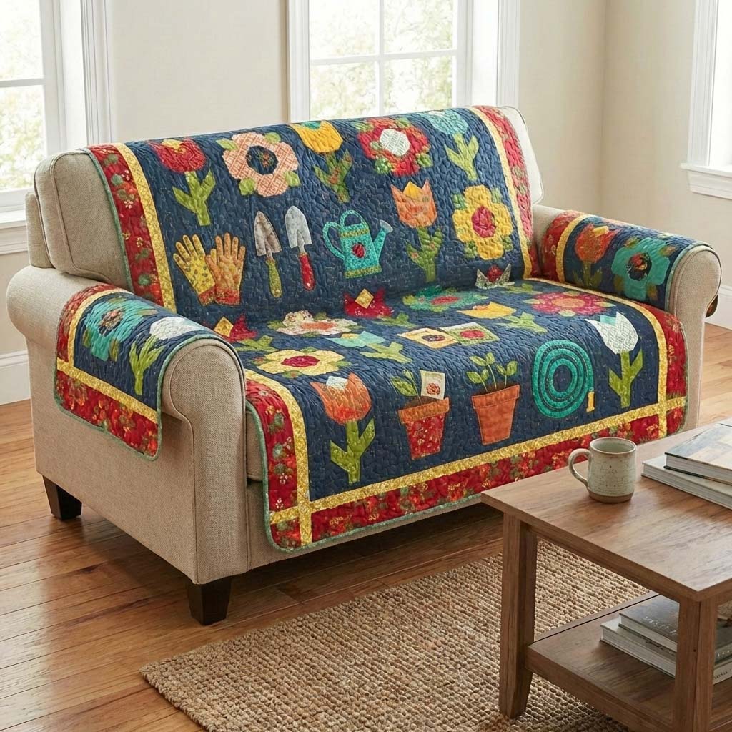 Playful Gardening Quilted Sofa Cover Room Room Decor Great Housewarming Gift Ideas - Tradiviet