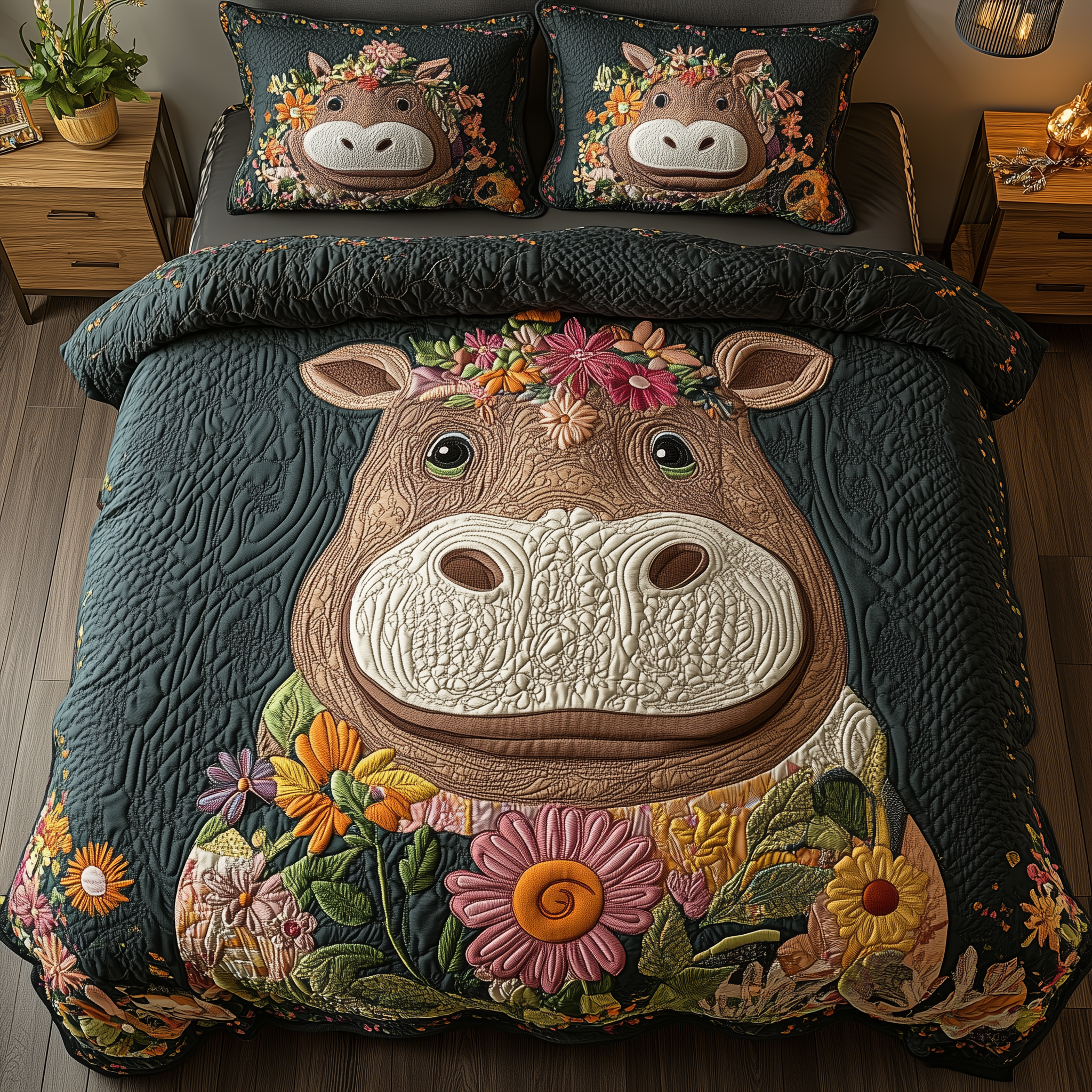 Playful Petal Hippo Quilted Bedding Set Playful Petal Nest Gift For Playful Petal - Tradiviet