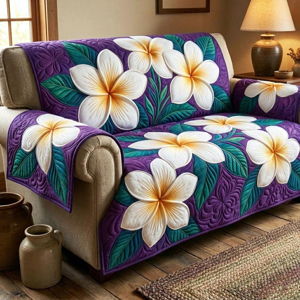 Plumeria Elegance Quilted Sofa Cover Coastal Home Couch Cover Bear Girlfriend Gift Ideas - Tradiviet