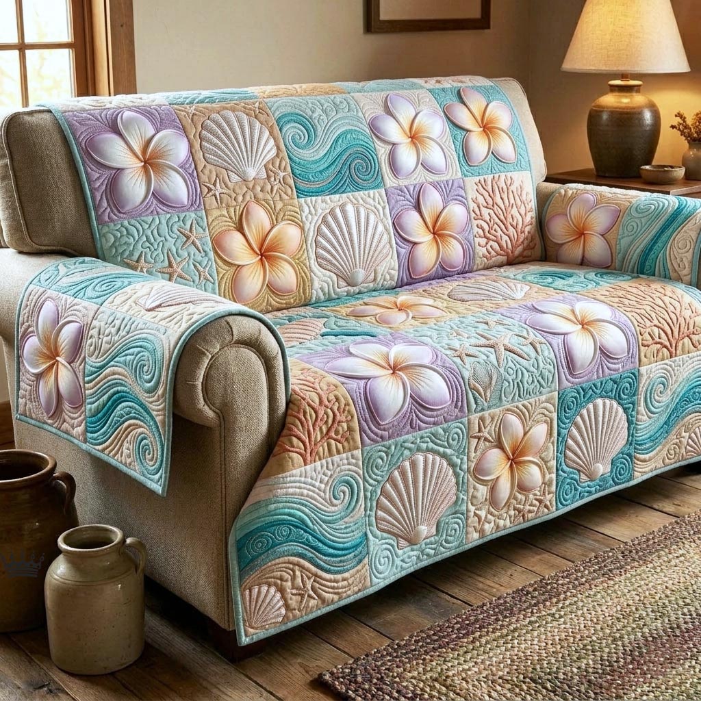 Plumeria Garden Quilted Sofa Cover Coastal Home Couch Cover House Lover Gift Ideas - Tradiviet