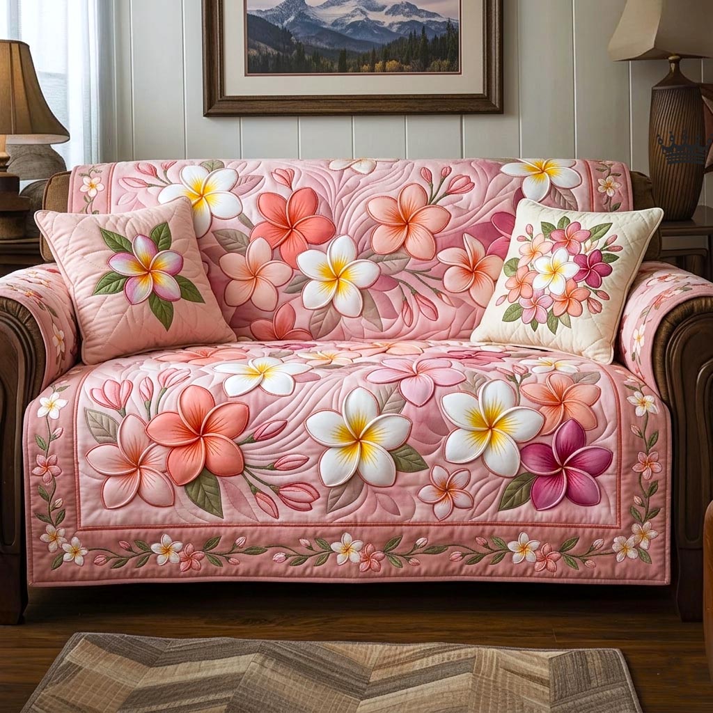 Plumeria Serenity Quilted Sofa Cover Coastal Home Couch Cover Home Lover Gift Ideas - Tradiviet