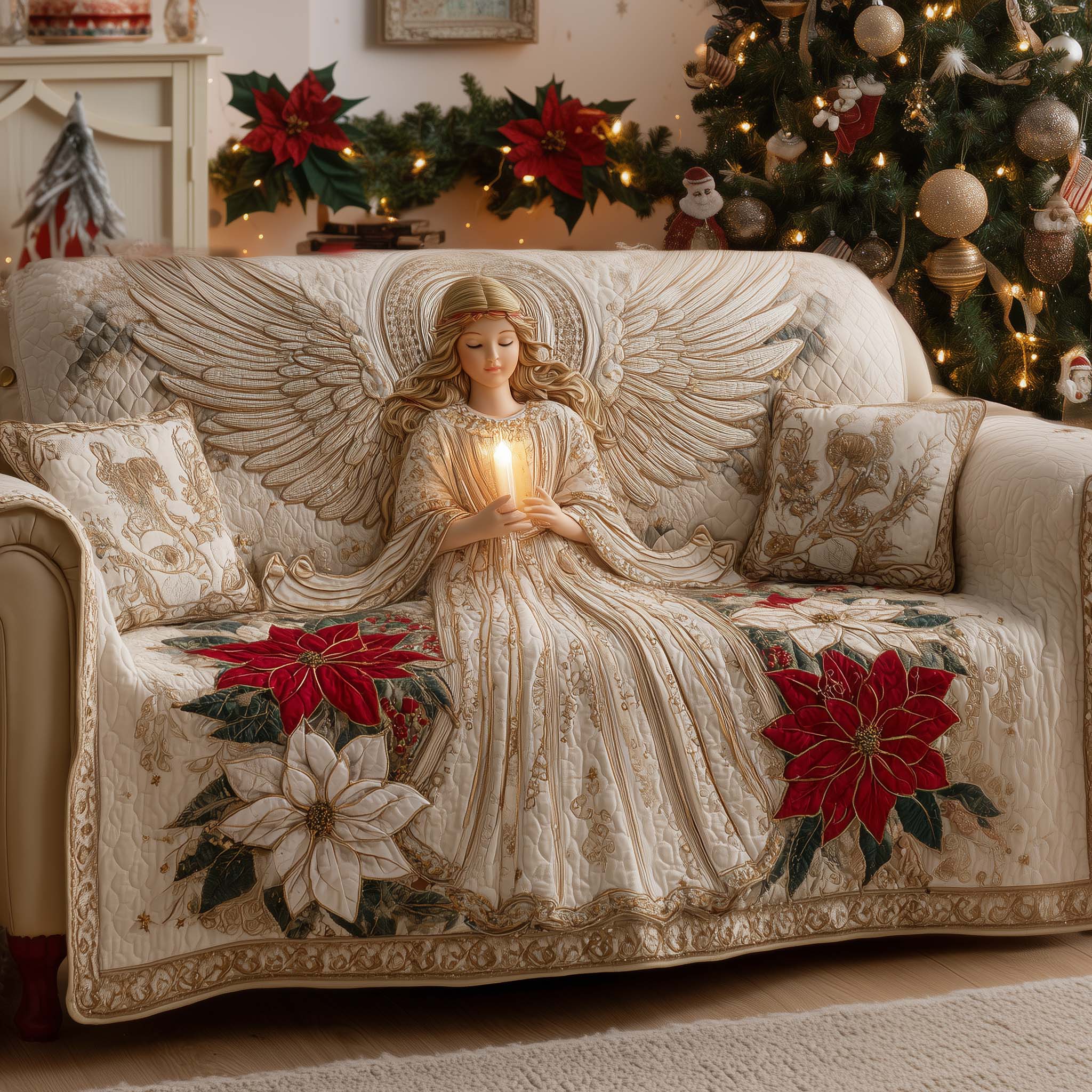 Poinsettia Angel Quilted Sofa Cover Christmas Home Couch Cover Unique Home Decor Finds - Tradiviet