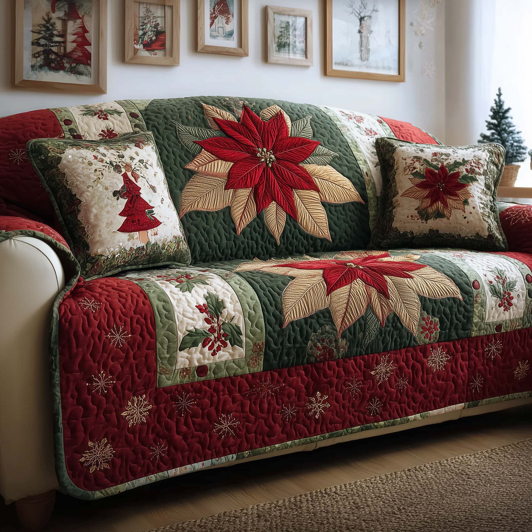 Poinsettia Bloom Quilted Sofa Cover Christmas Home Couch Cover Gifts For New Homes - Tradiviet