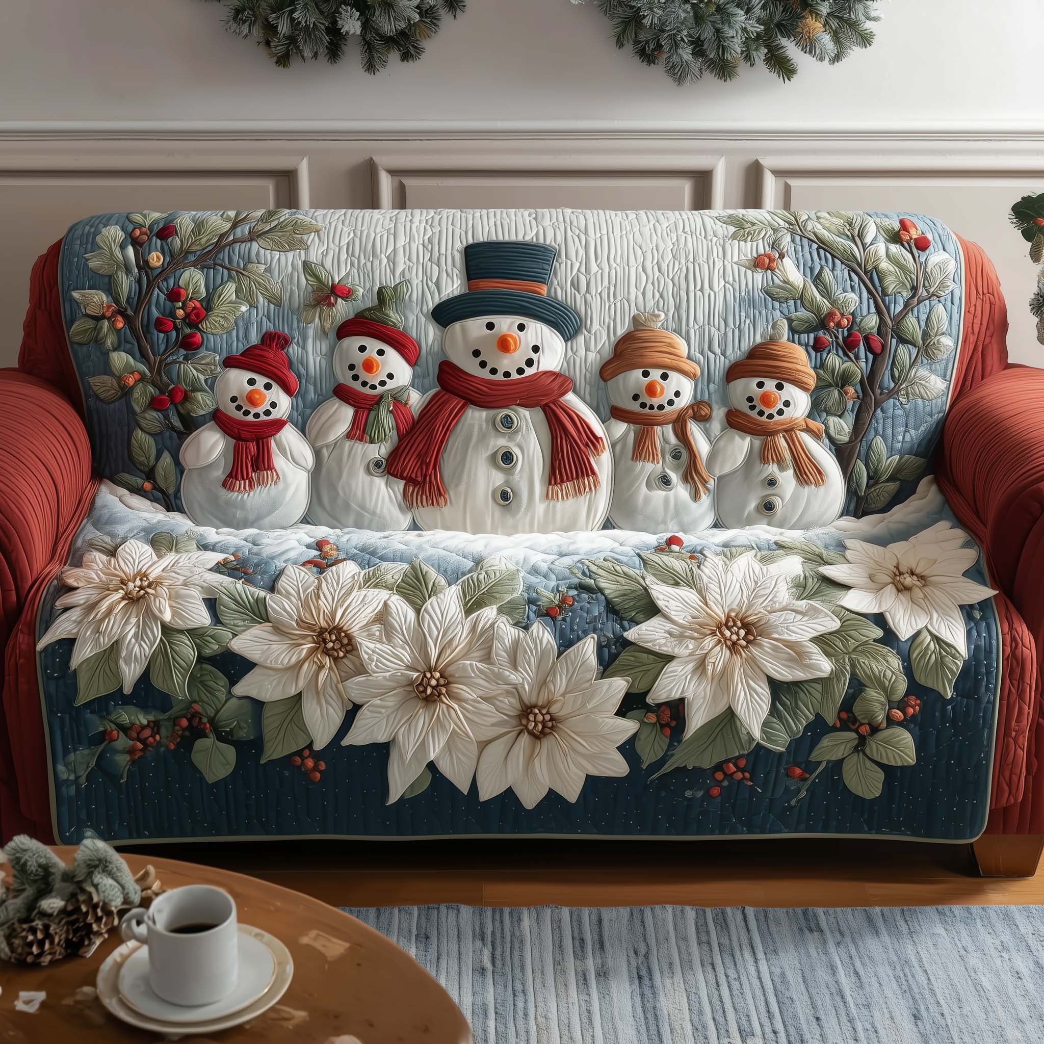 Poinsettia Burst Quilted Sofa Cover Christmas Home Couch Cover House Lover Gift Ideas - Tradiviet