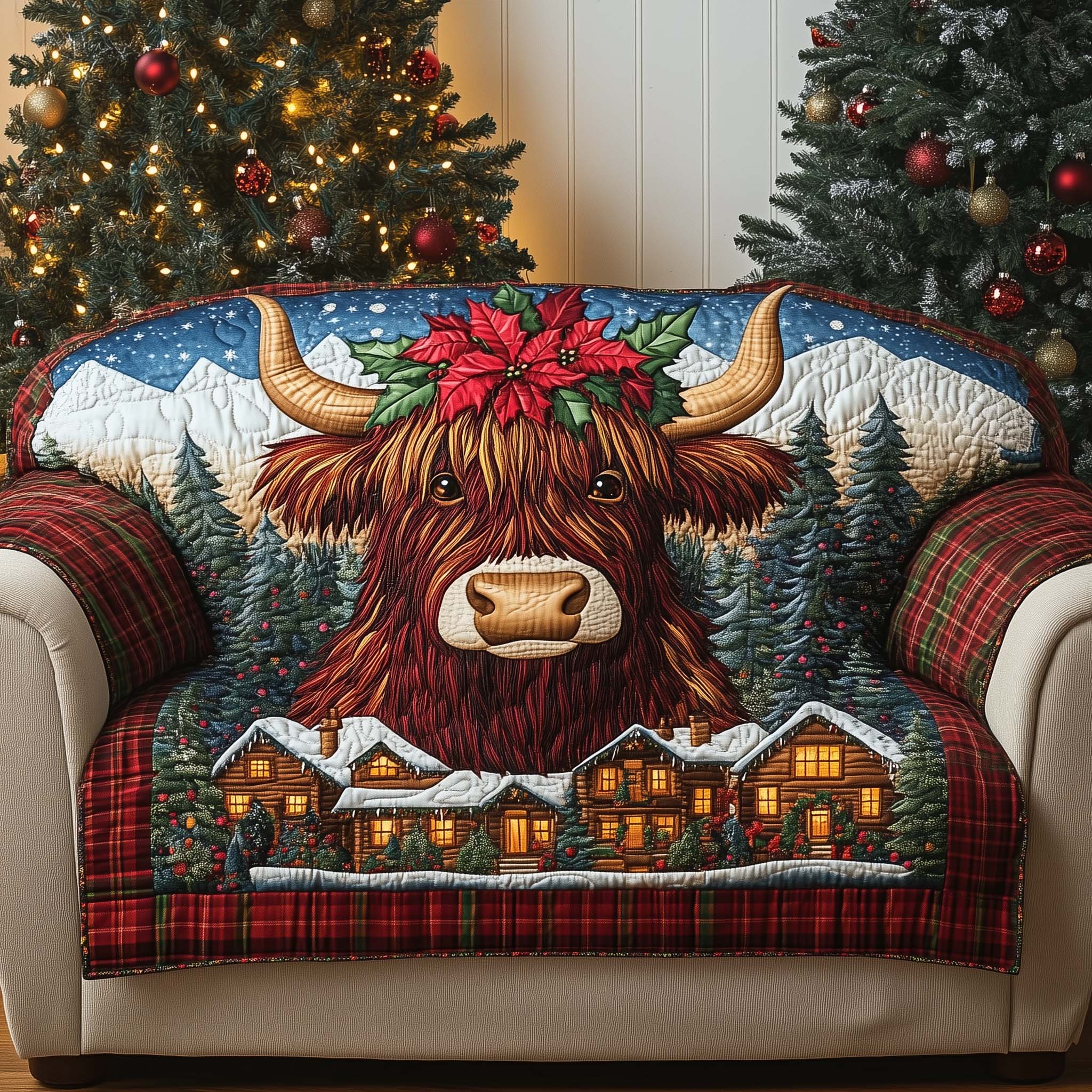 Poinsettia Crown Quilted Sofa Cover Christmas Home Couch Cover Bear Gifts For Baby - Tradiviet