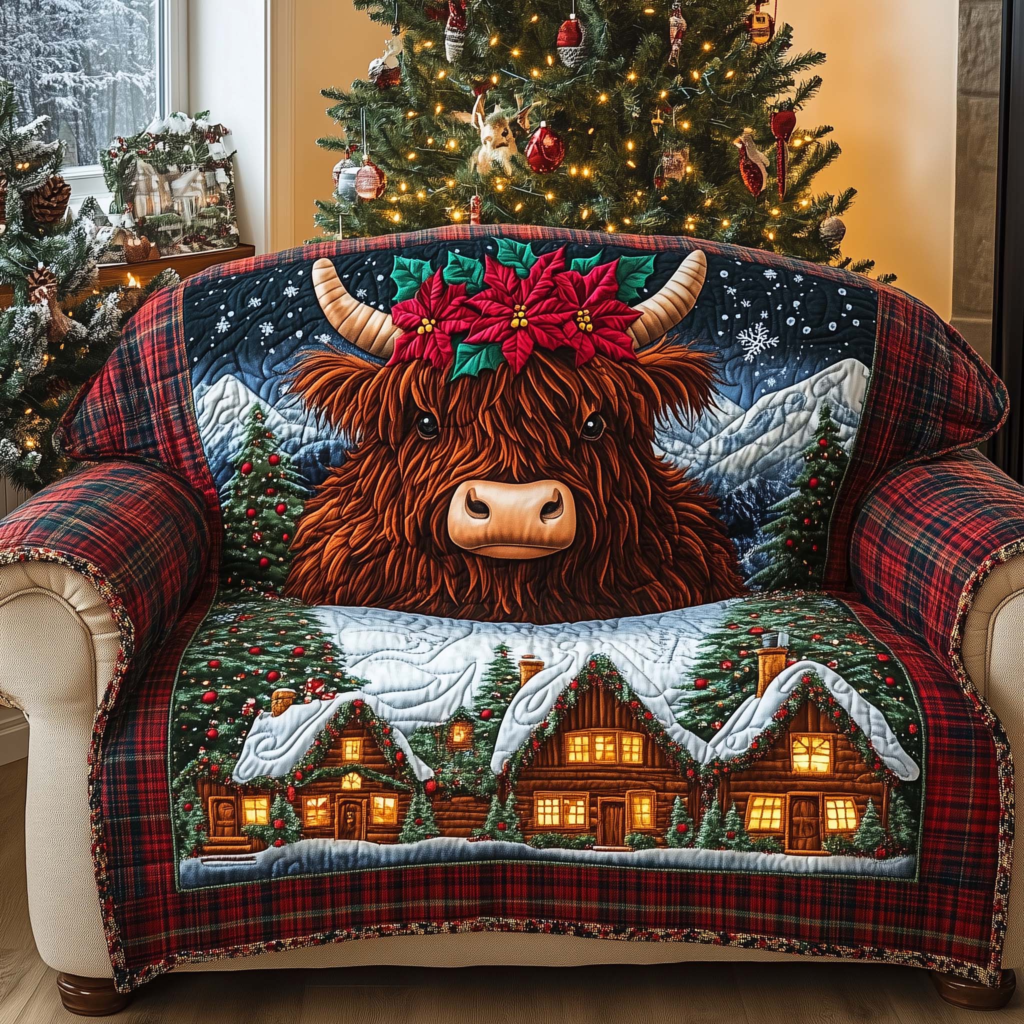 Poinsettia Crown Quilted Sofa Cover Christmas Home Couch Cover Cool Room Decor Gifts - Tradiviet