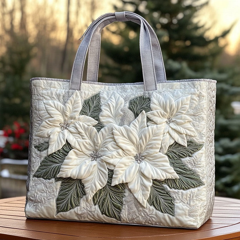Poinsettia Snowy Petals Quilted Tote Bag Elegant Christmas Gifts For Mom - Tradiviet