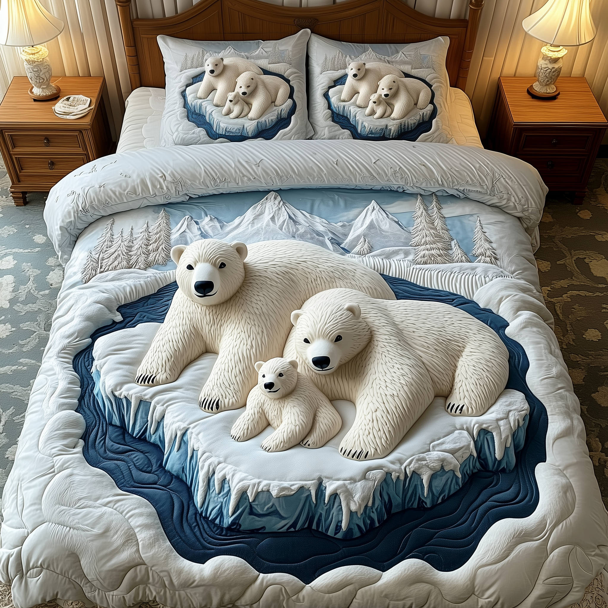 Polar Bear Family Quilted Bedding Set Polar Bear Moodboard Gift For Polar - Tradiviet
