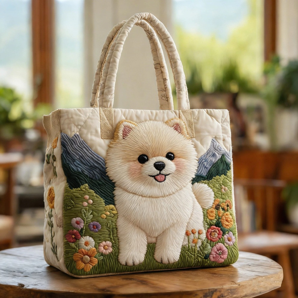Pomeranian Quilted Tote Bag Floral Cute Dog Tote Bag Presents Ideas For Pomeranian Lovers - Tradiviet