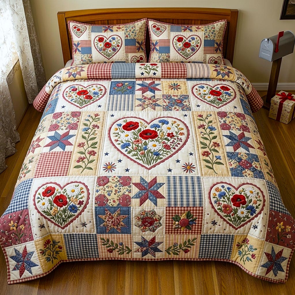 Poppy Bloom Quilted Bedding Set Poppy Bloom Homeware Gift For Poppy - Tradiviet
