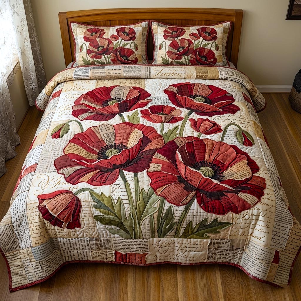 Poppy Elegance Quilted Bedding Set Poppy Elegance Craft Gift For Poppy Elegance - Tradiviet