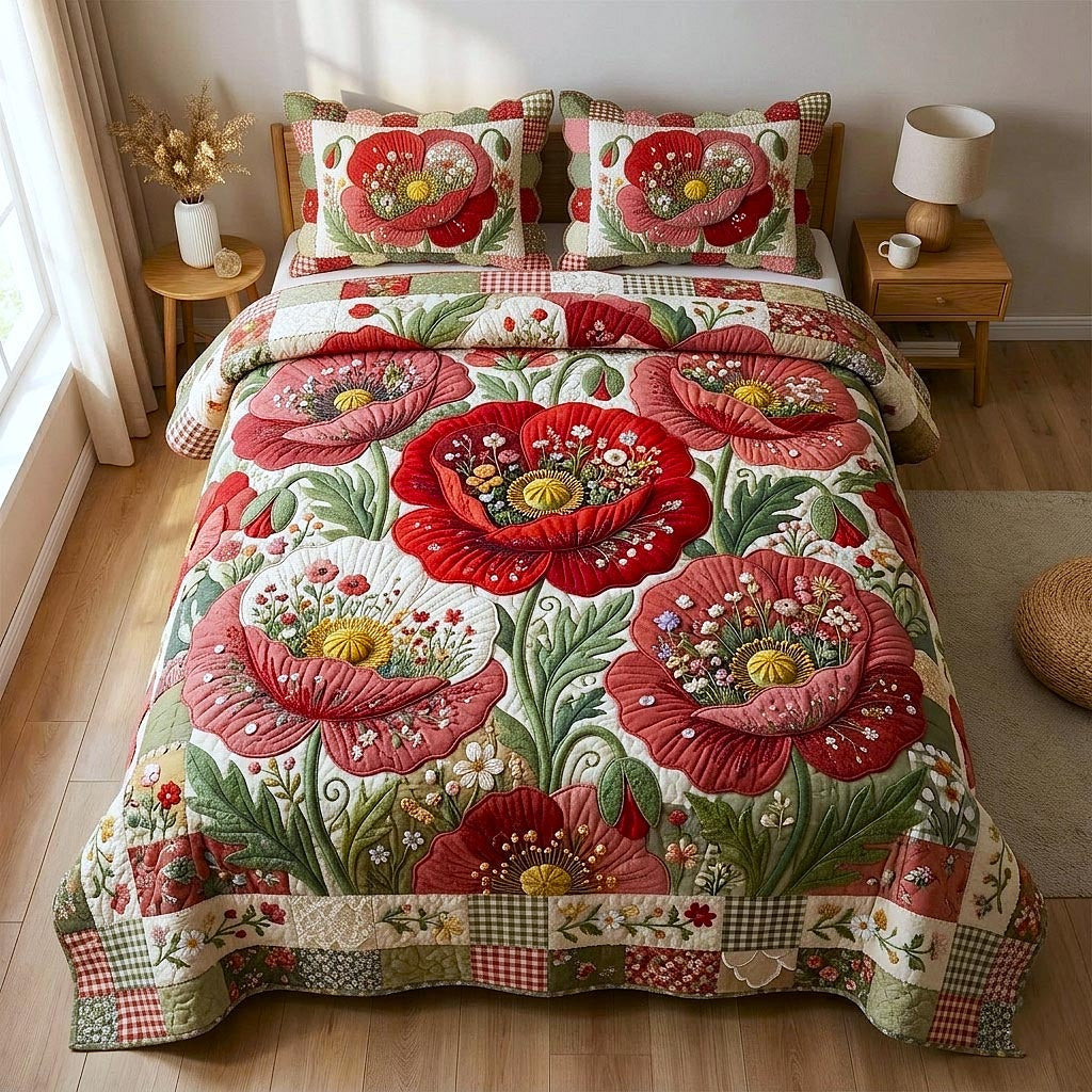 Poppy Fields Quilted Bedding Set Poppy Fields Patch Gift For Poppy Fields - Tradiviet