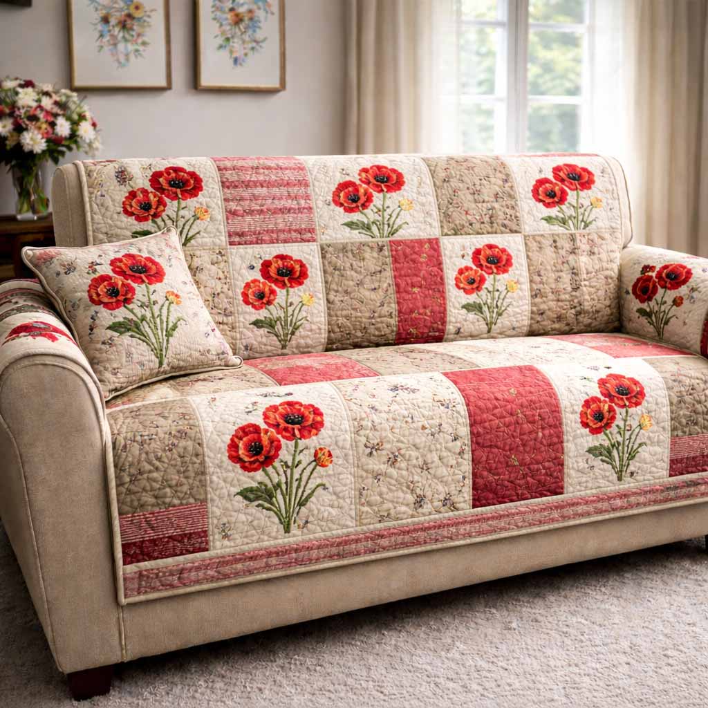 Poppy Patch Quilted Sofa Cover Farmhouse Room Decor Best Home Decor Gifts - Tradiviet